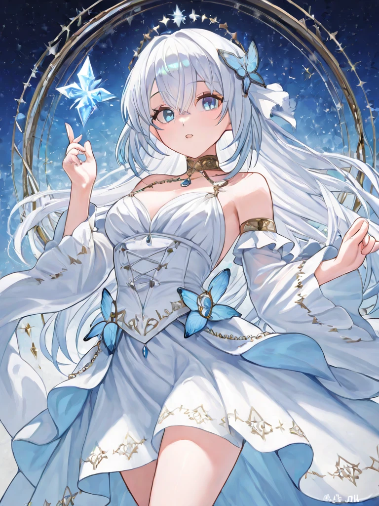{{{masterpiece}}},{extremely detailed CG unity 8k wallpaper},best quality,finely detail,[(white background:1.3)::5], hexagon, mid shot, {{full body}}, 1girl,beautiful detailed eyes,bright pupils, dynamic angle,detailed clothes， (stars:0.9), (starry sky), (snowflake:0.9), ice crystals, solo, standing, loli,((flat chested)), kawaii, very long hair, white hair, silver hair, (expressionless:1.2), white colored eyelashes, gradient eyes, green eyes, white dress, blue robe, skindentation, white thighhighs, hair_flower, [magic circle]