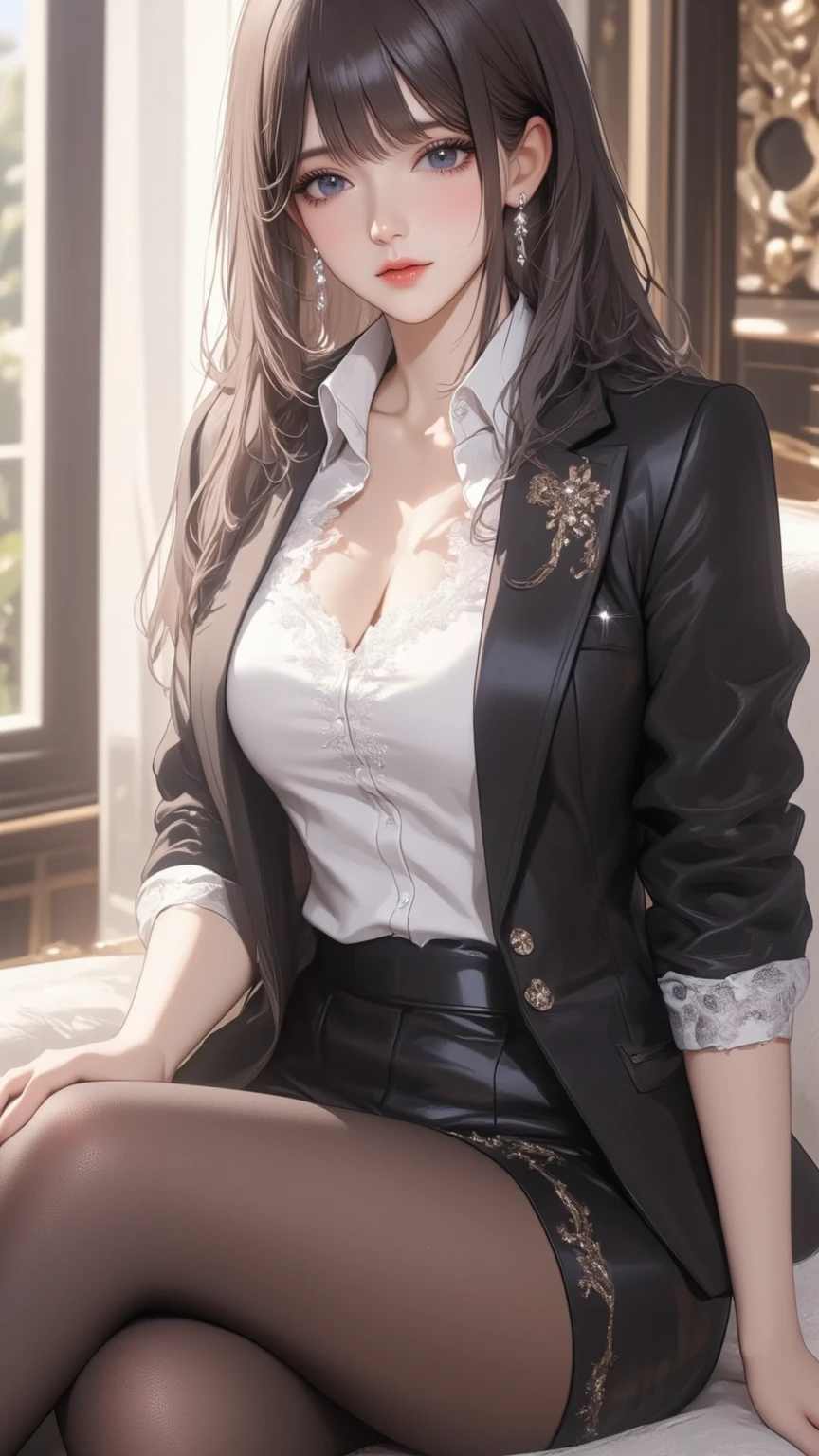 (Highest quality, High resolution, Very detailed), 1 female, Silver Hair, Long Hair, Reddish brown eyes, tight dress, lace thong, garter belt, 24th generation, Beautiful woman, mature, quiet, Calm, Large Breasts, A small smile, office,
