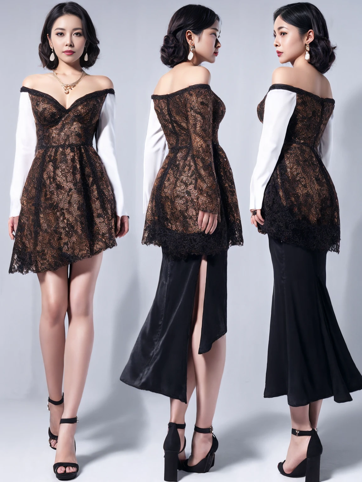 simple black china dress、 Asian taste， sexy costume 、off shoulder， jacket，thigh-length stockings,earrings,necklaces,(Character Design Sheets, Front , return, ~ side, same characters), returnground is simple,  plump body, Beautiful breasts, 大人のwoman, full makeup, false lashes, thin waist,   black hair ,bungs, semi-long, (masterpiece), ((top quality)), Ultra-clear,Photorealistic Rhythm,(very detailed),woman， (beautiful eyes)), 緻密でbeautiful eyes, Clean and detailed face, sex, Textile Shading, perfect anatomy,