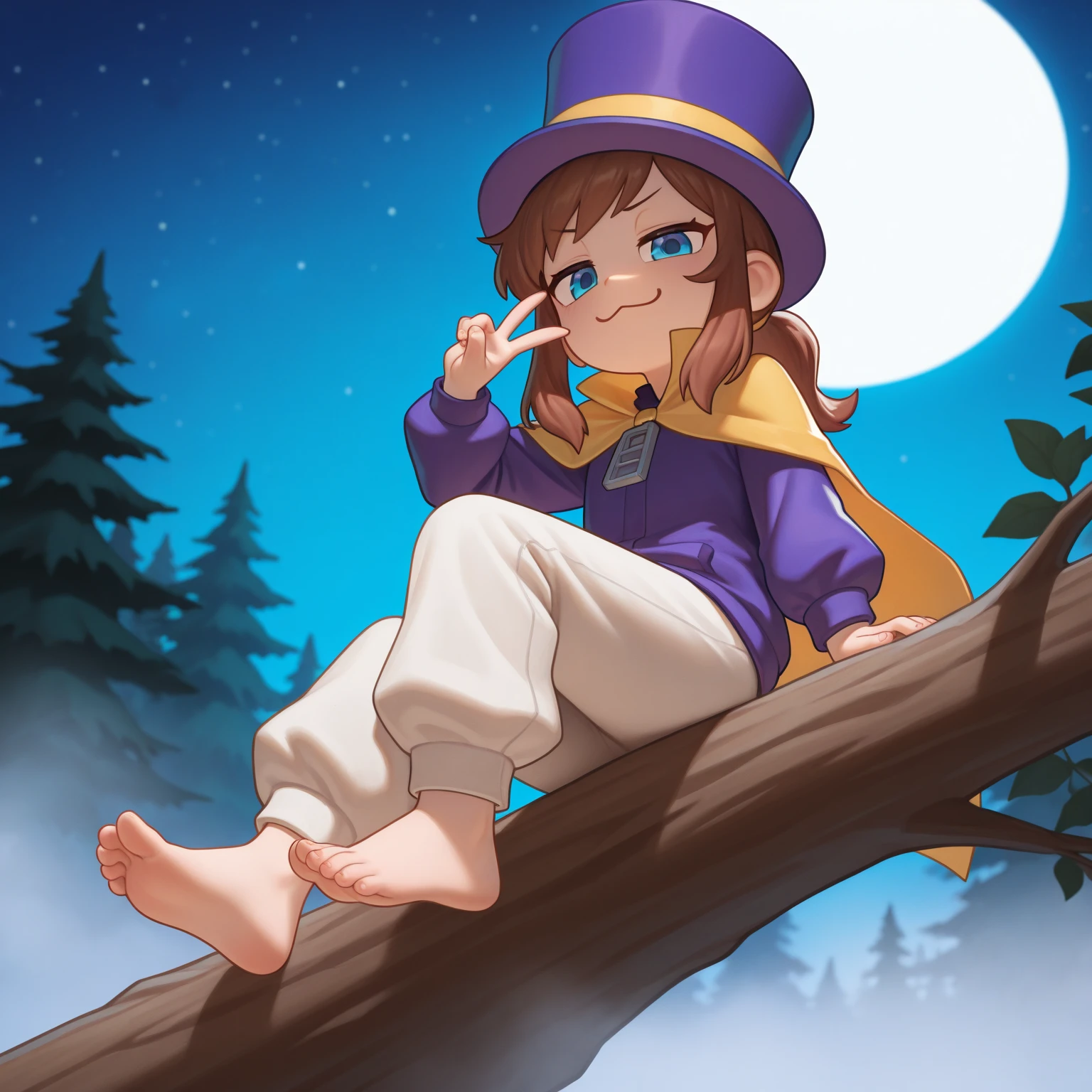 masterpiece,best quality,absurdres,highres,1girl,solo,ccgirl,brown hair,sidelocks,short ponytail,blue eyes,
purple top hat,purple jacket,yellow cape,zipper pull tab,white pants,brown barefoot, feet,,
from below,looking at viewer,smug,:3,hand up,v,arm support,sitting,on tree trunk,fingernails,
forest,night sky,moon,star \(sky\),fog,