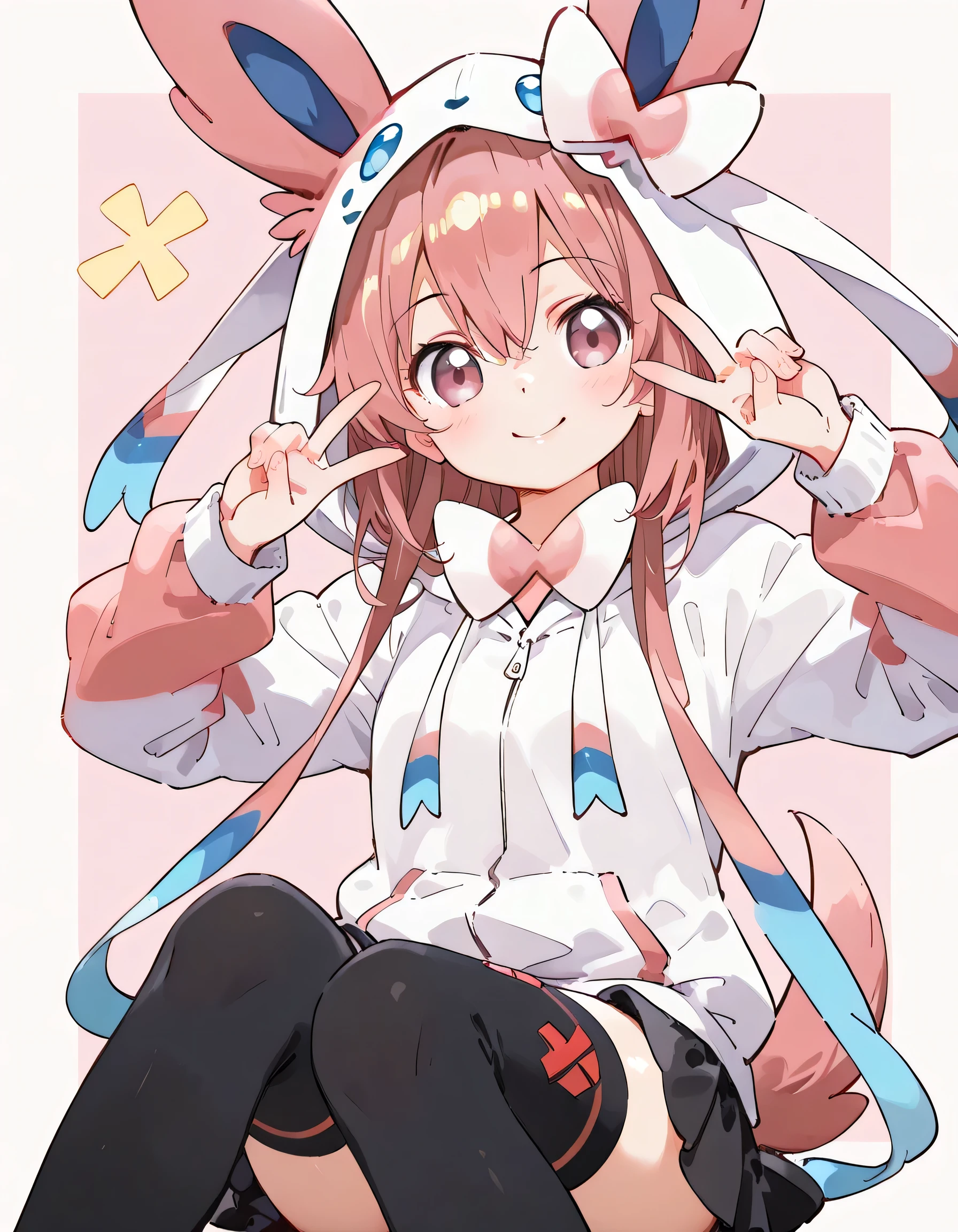 (dynamic angle,dynamic w peace sign pose),sideview+,sitting,(looking at viewer:1.3)solo,1girl,18years old,red brown long straight hair,hairs between eyes,,natural cosmetic,cute face,(Sylveon hoodie,hood up),black mini skirt with red ribbon line,(costume of small red cross decoration),zettairyoiki:1.3,black knee high socks,smile,(w peace sign),soft lineart, (pastel pink color background),memorial shot,nostalgic scene,