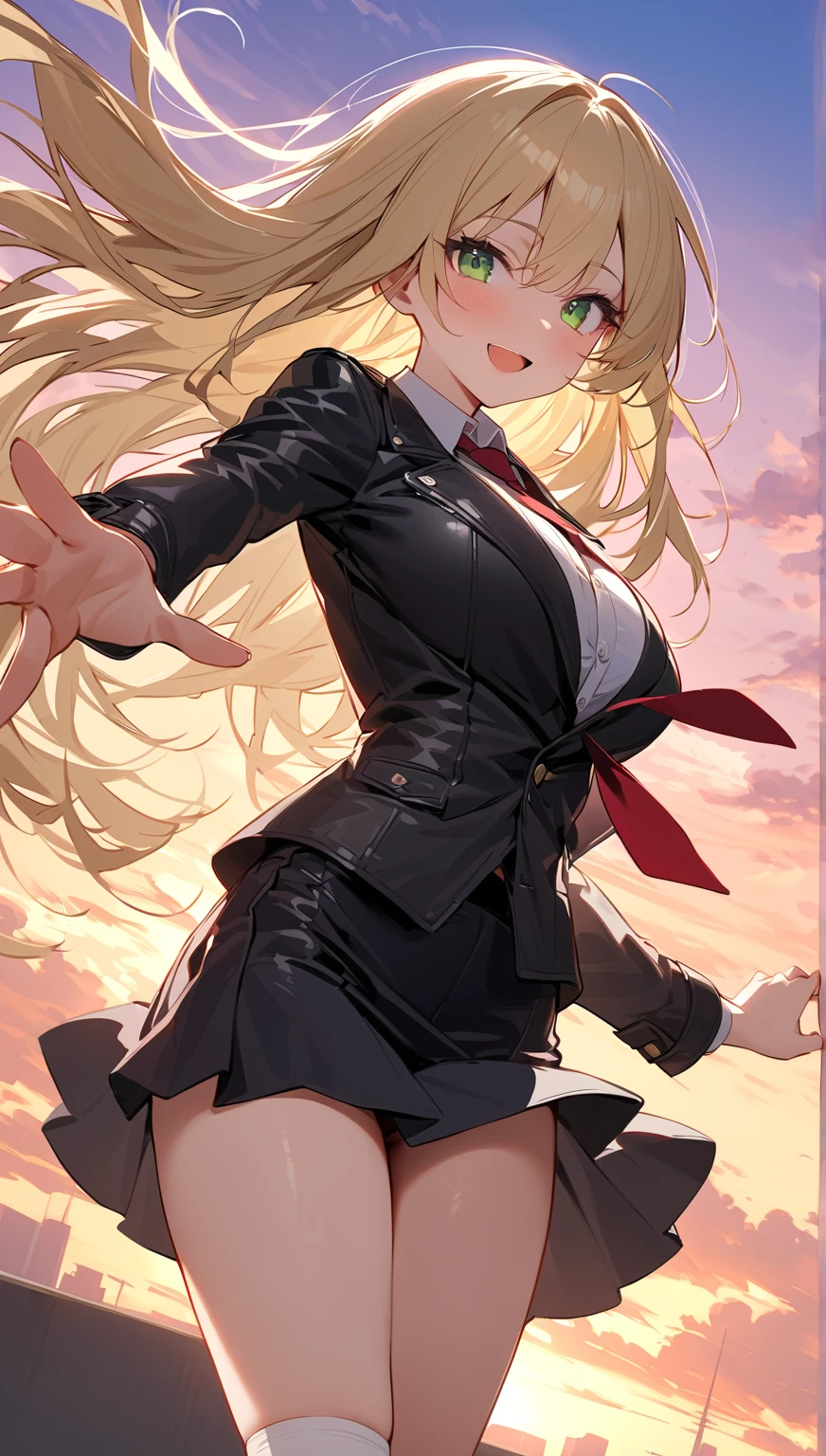 ((masterpiece,best quality anime,Highest quality:1.3)),cowboy shot,Mature Beauty,Female Wizard、独奏,1woman,((very small head:1.3)),((ideal ratio body proportions:1.2)),blonde hair,high twin tails,straight long hair,bangs,gorgeous eyes,brown eyes,smile,(School uniform、Black blazer jacket、Red tie、Black pleated mini skirt),black_thighhighs,((slender body,skinny)),medium breasts,gleaming skin,shiny skin,Use magic、A ball of fire floating at your fingertips、standing,on street,Shibuya、Tokyo、A modern magical fantasy world、