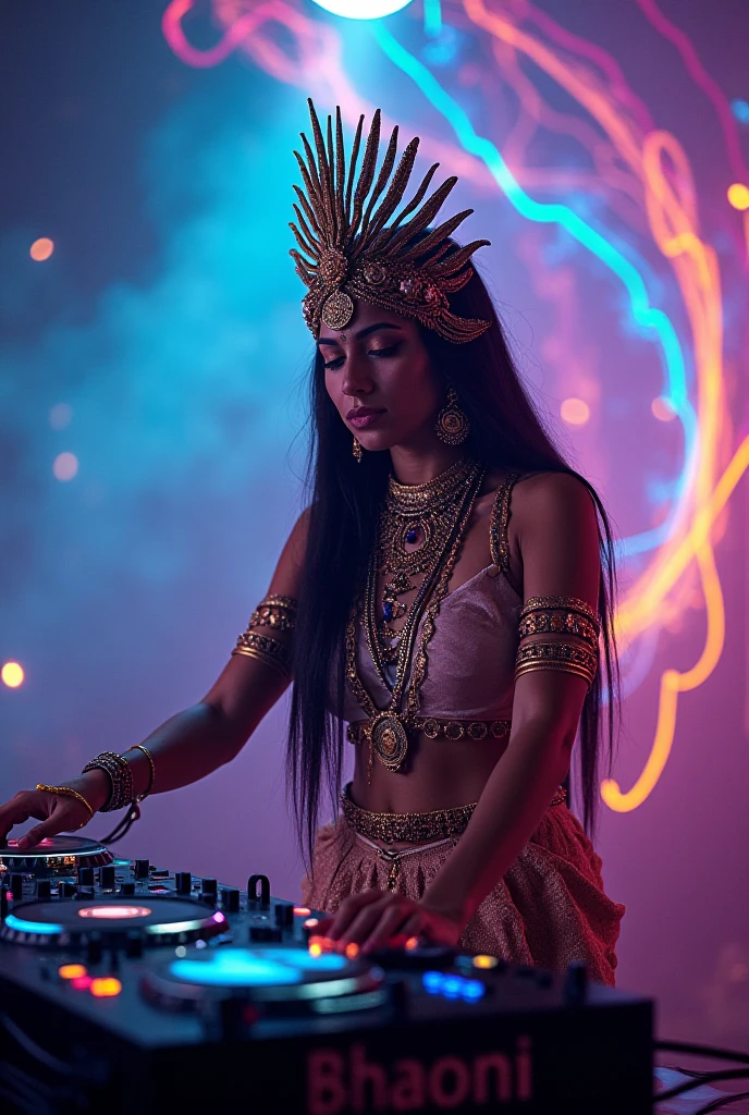 an acient egyption pharaoh queen body paint, dancing under a black light. blacklight neon Trippy Psytrance Blacklight UV showcasing her dj skills on a sandy sandstock dj decks in a hardstyle sandstorm