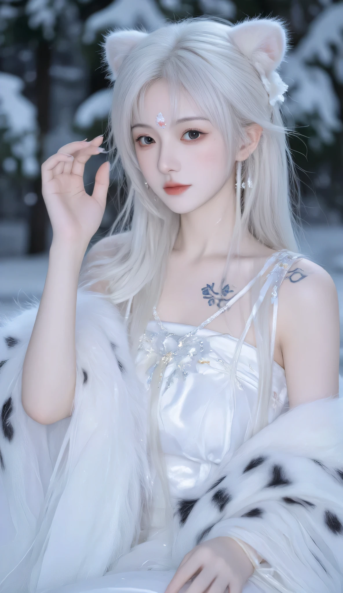 Image depicting a mythical character bearing the characteristics of the snow leopard . With a girl's face but with tattooed hands that resemble the cheetah features of a leopard , wearing elaborate costumes, inspired by the snow leopard .
They wore a white fluffy snow leopard , add quirky or legendary elements to the costume. The person's hair is styled long, fluffy white .
The background is what appears to be snow-covered trees or foliage, creating an atmosphere of serenity and mystery. Soft light, highlighting the person's face and the details of the costume, while creating shadows that add depth to the scene.