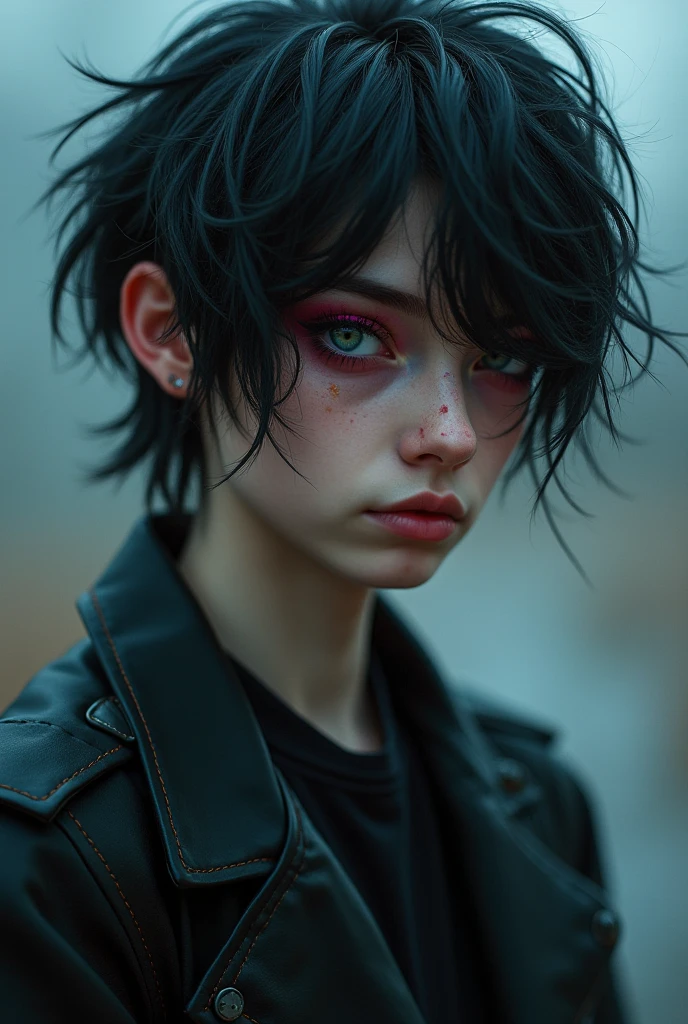 naughty man, 15year old, naive innocent, Caucasian skin, black hair but red at the ends, greeneyes, black clothes but the shoulders are open.