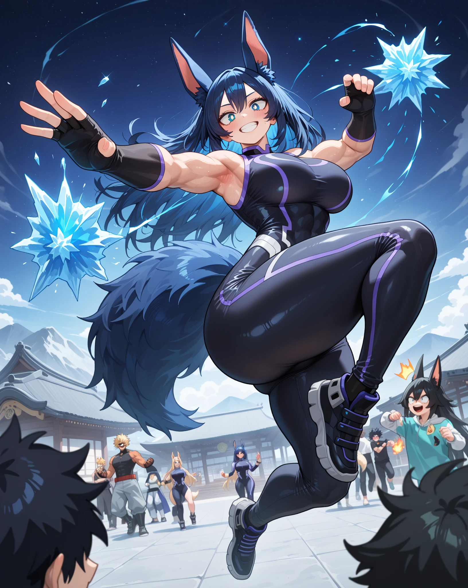 (masterpiece), best quality, expressive eyes, perfect face, My Hero Academia style 

Name:Sonikku Hoshi
Hero Name:kitsunebi
Age:17(but looks 14)
Gender:Male 
Race:Human(half-kitsune)
Personality:Kind/serious/cheerful/Heroic/little silly at times/sarcastic
Quirk:kitsune
Quirk abilities:Shape-shifting,Mystic Eyes(can both read and copy people's Quirks),Enhanced Speed and strength,Danger-sense,Sixth senses,Fire manipulation,Ice manipulation
Skills:High adaptation,advanced Kung fu,parkour specialist,hyper-awareness 
Appearance:A Young boy with very Long Messy dark blue hair,soft looking skin,Galaxy blue-green eyes with Fox like pupils,calm expression,Toned Slim built with right amount of muscle mass and feminine charms,strong thick thighs,Fox ears with shrine bells attached to them,one fluffy tail,A Stylish black battle suit with Long baggy jeans and black Iron shoes, one fingerless white glove

