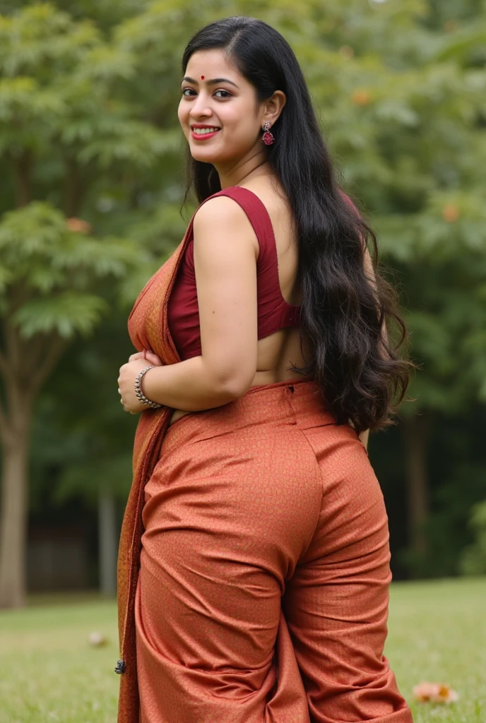 30 year old plump indian women with big brown eyes, full red lips, maroon saree and black blouse,embroidery,showing her perfect back to camera in saree,saree below her waist