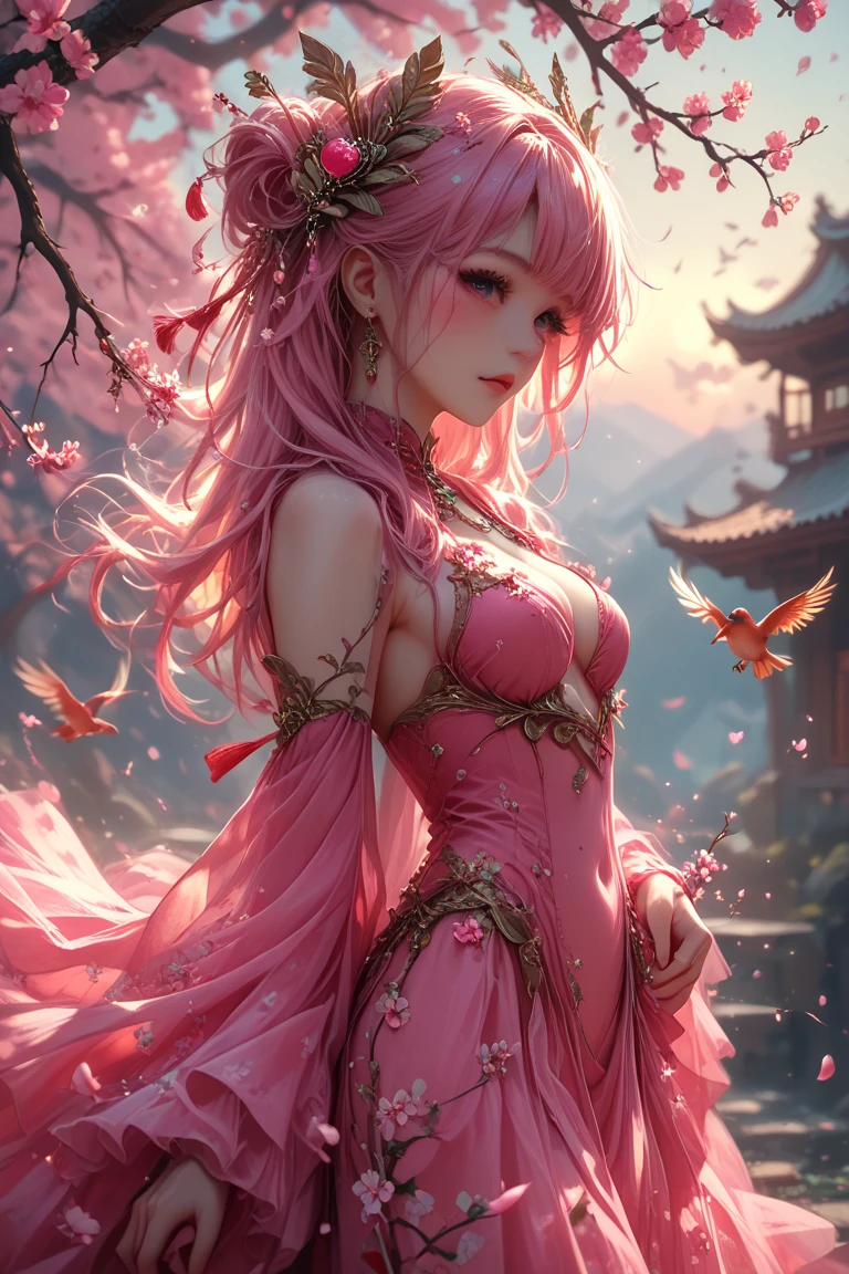 (ultra realistic,32k, masterpiece:1.2),(high detailed skin:1.1),( high quality:1.1),
1girl, pink hair, ponytail hair, bangs,(aqua eyes:0.33),[<lora:20240127-1706323464007:0.33>cosmos, cosmic, cosmos background,:<lora:fengwu:0.33>sdmai, fengwu,(antique shop, vintage treasures, nostalgia, collectibles:0.8), windy, (leaf particles:1.1),flowers, cherry blossoms,:25],(looking at viewer, standing,:1.1),, huge breast, large breast,<lora:add_detail:0.93>,
(refraction:1.1),  misty hollows, swirling fog, hidden passages, mystical secrets, blurry background,