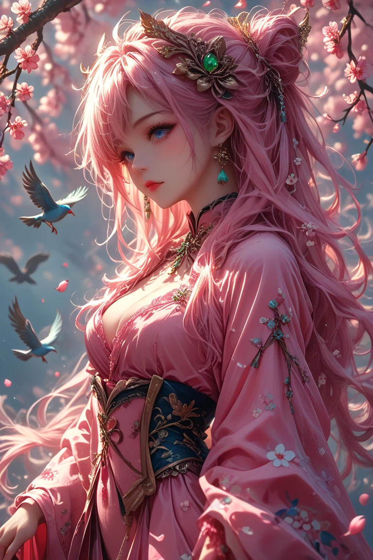 (best quality at best, 8k, a high resolution, masterpiece:1.2), digital artwork, one girl, detailed face, detailed eyes, pink hair, long straight hair, glowing purple eyes, red lips, suspenders, fantasy landscape, vibrant colors, soft lighting, whimsical atmosphere, blooming flowers, flowing dress, delicate details, ethereal background, dreamy aura、((Big Tits))、squat、M-shaped legs