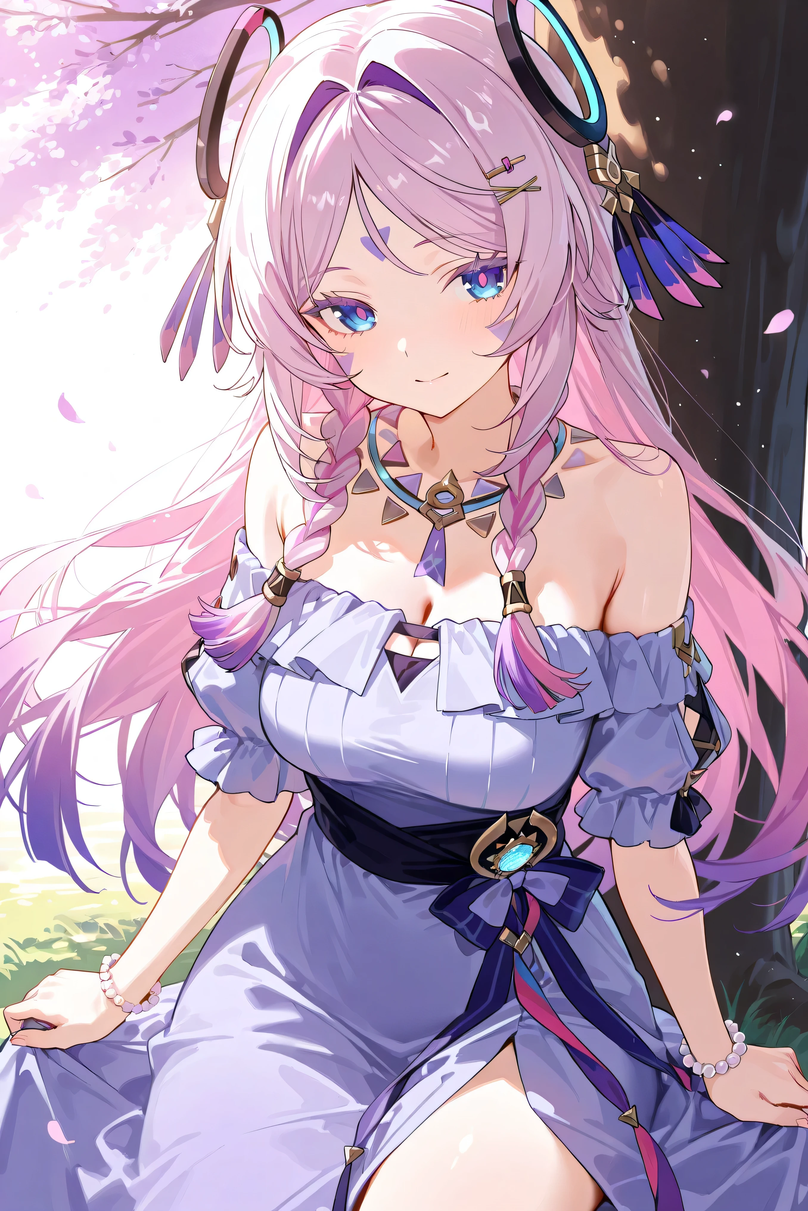 score_9, score_8_up, score_7_up, masterpiece, best quality, very aesthetic, absurdres, tunning image, light particles, attractive image, 1girl, adult grown woman, cowboy shot, citlali \(genshin impact\), pink hair, purple hair, multicolored hair, twin braids, hair intakes, blue eyes, forehead mark, lavender eyelashes, pink pupils, headgear, long hair, colored eyelashes, masterpiece,best quality,amazing quality, 5 fingers, alternate costume, An anime female character wearing a lavender off-shoulder midi dress with puff sleeves and a flowing chiffon layer. A small ribbon detail on the chest adds a delicate touch, and she wears a dainty floral necklace with a pearl bracelet. Her hair is half-up, half-down with soft curls, adorned with tiny floral hairpins. She stands under a tree with petals drifting in the air, bathed in a golden sunset glow, radiating an elegant and dreamy aura.