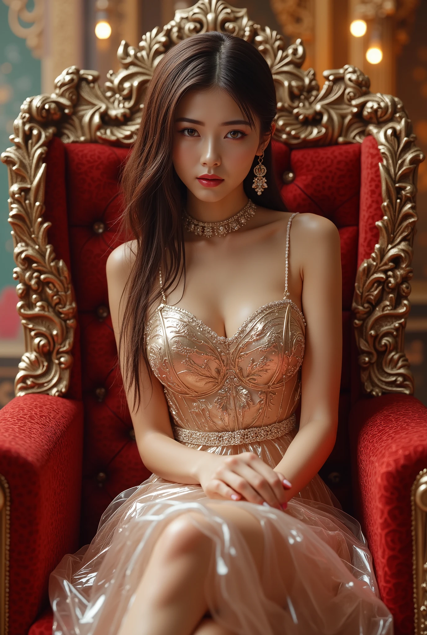 Egypt、Cleopatra、(Legs wide open)、Sitting on the throne、Wear colorful, extravagant clothing、Open chest、I&#39;m not wearing anything underneath、See-through、Full Body Shot、20th Ayaka、NiziU AYAKA、 ４Ｋ、１People Women、slender、 Loose, wavy styling 、Fascinating and attractive、Including the texture of the face and skin.，Detailed eyes