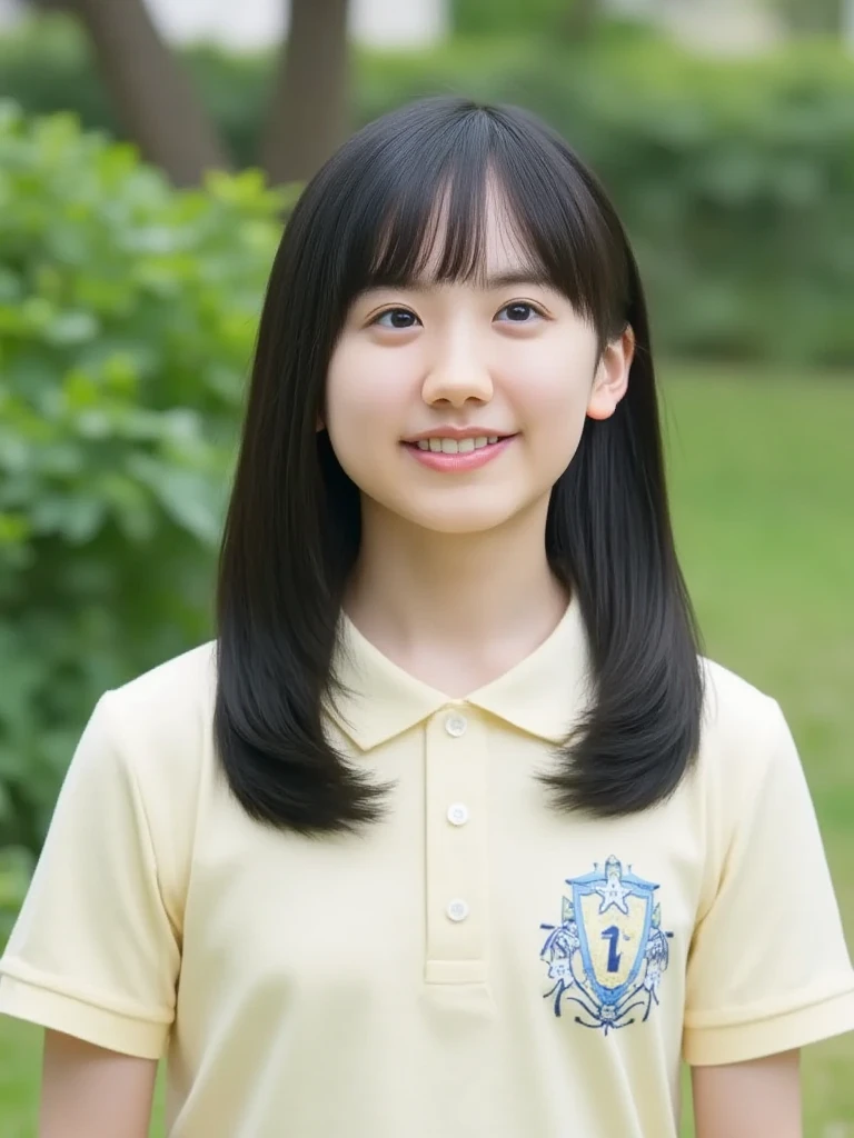  wearing polo shirt, (nipple:1.3), long hair, upper body, ((from above, high angle, higher angle, looking up)), (10yo girl, small chest), park
