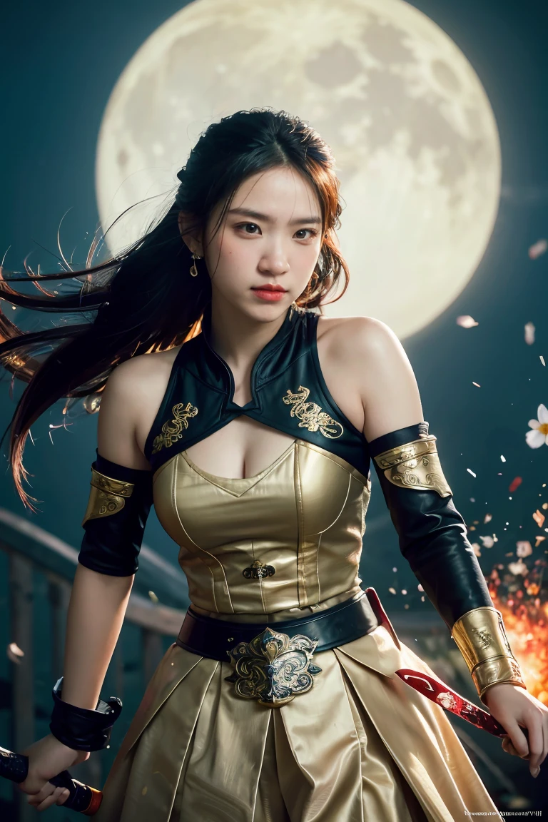 The picture shows a beautiful woman.，White skin，Sexy lips，Delicate and beautiful facial features，Dressed in red and silver samurai attire, Standing against the backdrop of a giant moon，（The moon is big，Occupies half of the screen），The sky is glowing with the reflection of moonlight.The woman is situated on the left side of the frame, Face to the right，tilt head slightly upward. It was dressed in an elaborate costume resembling that of a traditional samurai., Featuring intricate designs and patterns. The clothing is mainly red.，Adorned with silver accents, Increase visual depth. Her eyes are focused on something in the distance. There is a sword on his back, Suggesting a battle-ready or ceremonial stance. The red moon in the background casts an orange tone over the entire scene, Creating a dramatic and tense atmosphere, Retina, precise, masterpiece, Super Detail, High Detail, best quality, The award-winning, high resolution, HD, 4K, 8K, 16K, Retina, precise, masterpiece, Anatomically correct, Textured Skin, Super Detail, high quality, The award-winning, high resolution, 8K, 16K