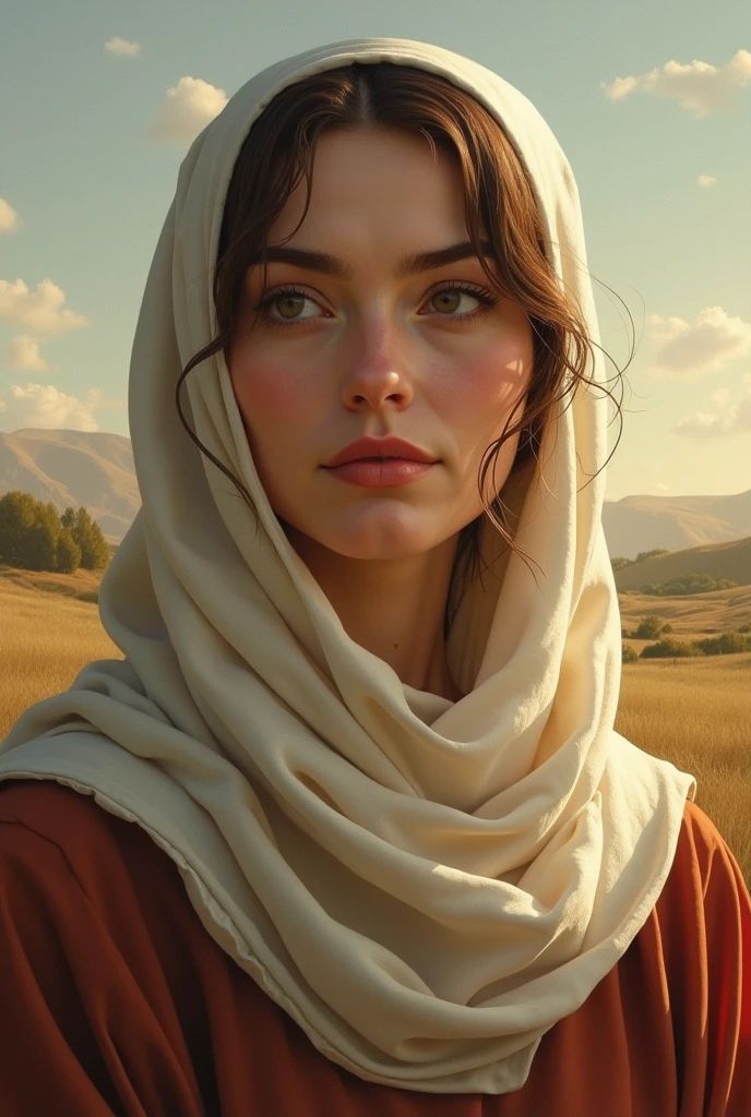 Gazing at you with moist eyes、A beautiful Virgin Mary begging, Reddish tunic, Blue cloak and veil
