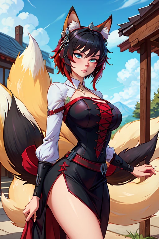 Dragon girl x kitsune, black body furry antro