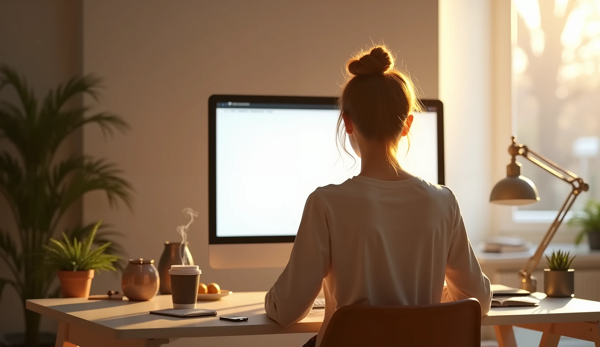 Early morning light. ((From back, the camera is behind the woman)) A young European woman is sitting at her remote work desk. In front on a blank white 24 inches screen computer.Smoking mug of coffee on the desk. Minimalist interior.