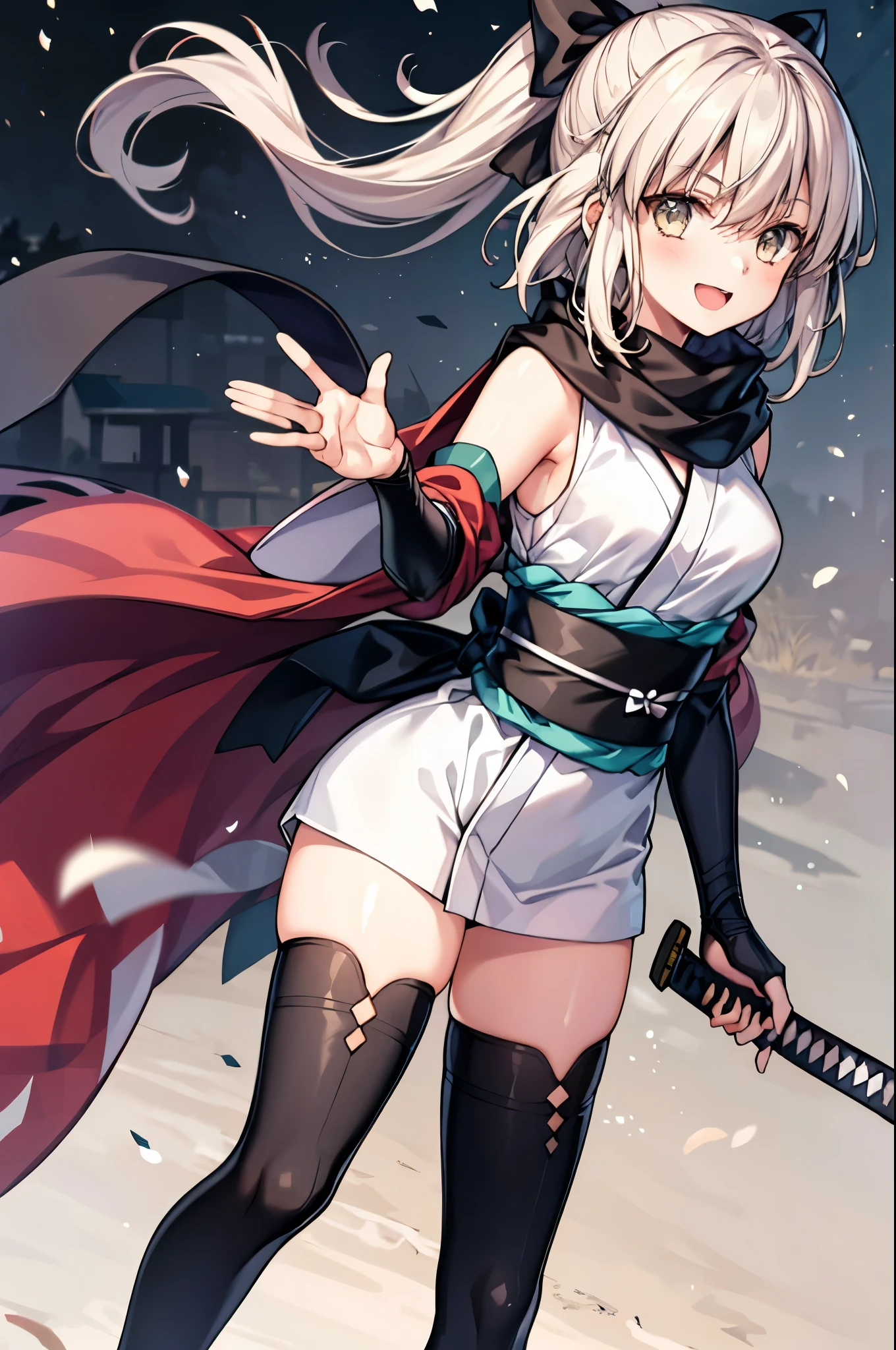 cute face, perfect face, perfect hands, 1teen_girl,okita souji \(FGO\), okita souji \(fate\), white_pink_ponytail,black_bow,sleeveless_white_short_kimono,
smile,happy,gold_eyes, thigh-highs, (straw_sandals:0.6),medium_breasts, ,town_background,black_long_scarf,knees, black_cloth_gauntlet,open_mouth, bare_elbows,1katana, hand_grab_1katana's_hilt,standing