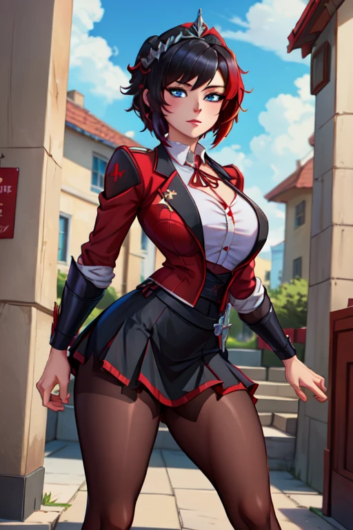 (top-quality、in 8K、32K、​masterpiece、nffsw、超A high resolution、Impresionismo、Photorealsitic:1.2)、Colossal tits、cowboy  shot、Magician Pose、 detailed faces and eyes、 nightcity、Dim Street Lights、A jack-o'-lantern is placed on the road、Flying Balloon、Beautiful girl at 16 years old、Joker's red circle nose、Whitewashed face、Paint around the eyes、Joker Makeup、beauitful face、blurry backround、16-year-old beautiful girl、shinny skin、Medium Hair、Beautiful red hair、Blunt bangs、Green eyes、（Joker's clothes:1.2)、Black and red checked Joker costume、Flared skirt with black and red check、Black knee-high、Black Joker Shoes、Curve、(Panties are visible:1.2)、Smile with open mouth、juggling