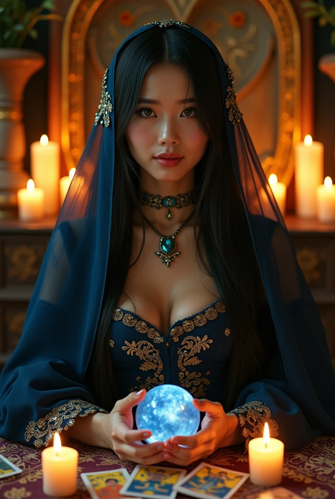 A sexy and accurate fortune teller, dressed in elegant, mystical clothing, with a confident and mysterious aura. The setting is an enchanting, softly-lit room filled with esoteric symbols, tarot cards, and crystal balls.