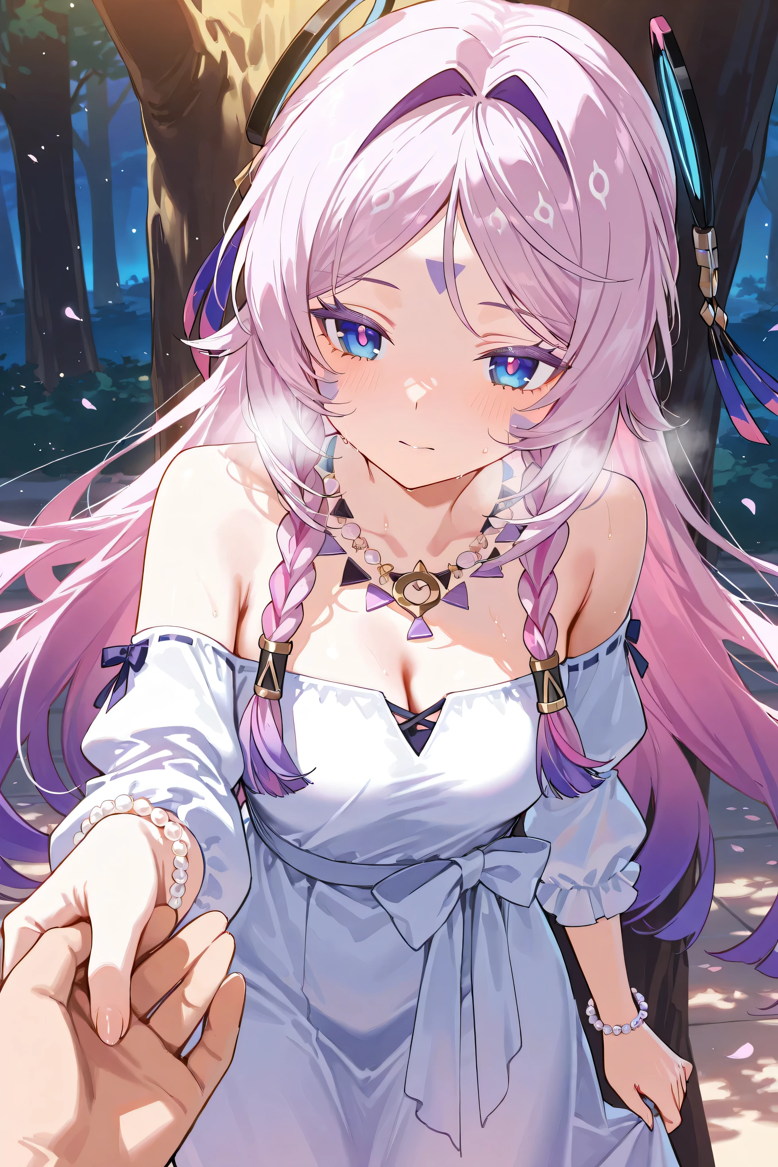 score_9, score_8_up, score_7_up, masterpiece, best quality, very aesthetic, absurdres, tunning image, light particles, attractive image, 1girl, adult grown woman, cowboy shot, citlali \(genshin impact\), pink hair, purple hair, multicolored hair, twin braids, hair intakes, blue eyes, forehead mark, lavender eyelashes, pink pupils, headgear, long hair, colored eyelashes, heavy breathing, masterpiece,best quality,amazing quality, 5 fingers, alternate costume, An anime female character wearing a lavender off-shoulder midi dress with puff sleeves and a flowing chiffon layer. A small ribbon detail on the chest adds a delicate touch, and she wears a dainty floral necklace with a pearl bracelet. Her hair is half-up, half-down with soft curls, adorned with tiny floral hairpins. She stands under a tree with petals drifting in the air, bathed in a golden sunset glow, radiating an elegant and dreamy aura. holding hands, solo focus, pov hands
