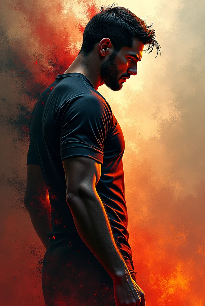 The light draws the silhouette on black, Messy hair, dark background,, Male silhouette:athlete:dynamic pose:profile,Ink splash,Bold colors,dynamically,colorful,An abstract painting that looks like a person if you look closely,works of art,mysterious,design