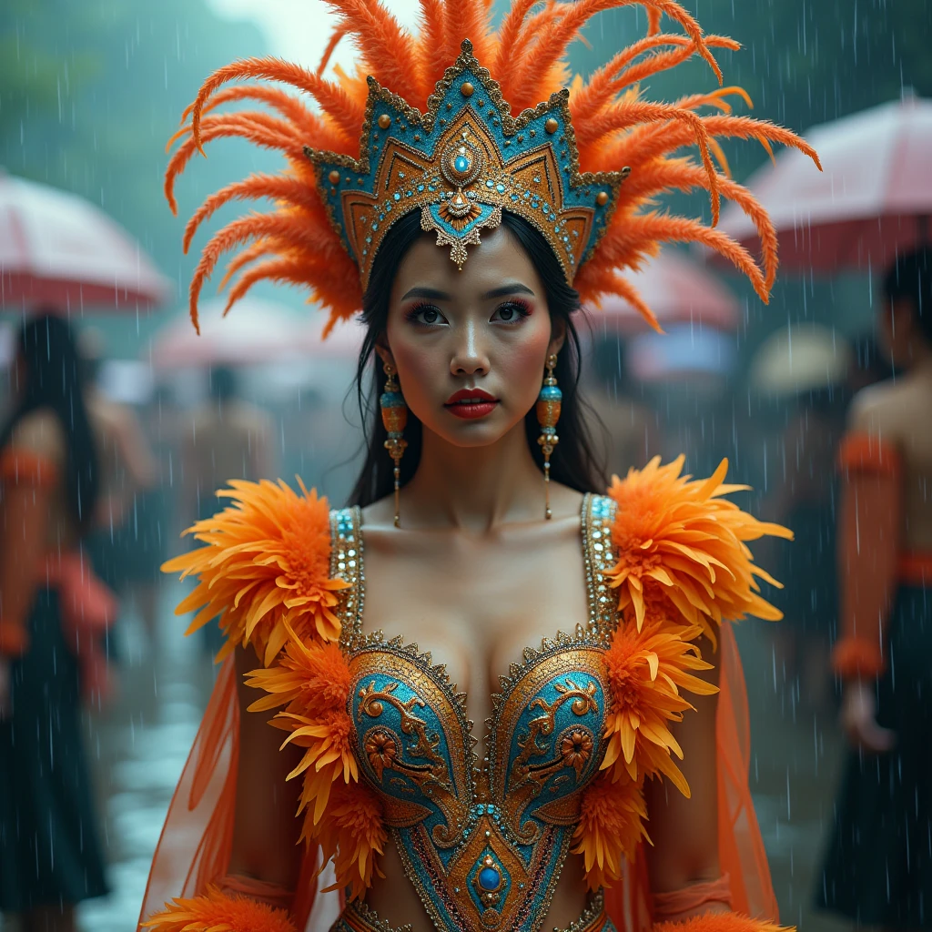 high-res, masterpiece, best quality, ((Hasselblad photography)), sharp focus, (cinematic lighting), soft lighting, dynamic angle, many women, Brazilian girl, Latin girl, samba dancer, mature female, (wearing samba dance dress:1.2), carnival, samba dress, finely detailed skin, extra long wavy black hair, highly detailed hair, high heels，huge breasts，large breasts，big boob，Burst breasts，Big breasts，Plump breasts，Expose breasts，bare breasts，Narrow waist，Bare ass，big ass，bare belly，bare navel，wet，wet body，sweating body，shiny skin，pubic hair，intricate details, ((cinematic light)),