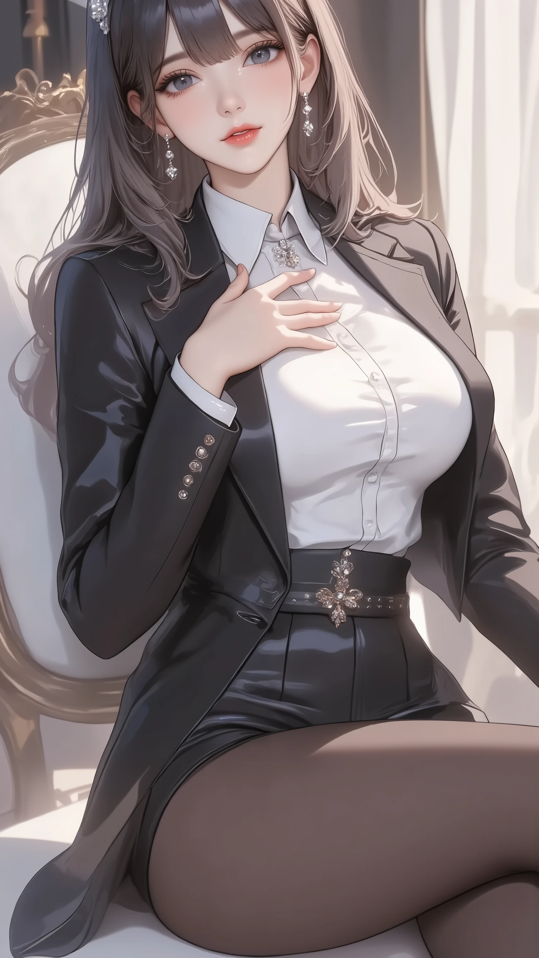 best quality, ultra-detailed, 1girl, full body, huge filesize, artbook, day, indoor, curtain, black hair, blunt bangs, grey gradient hair, black eyes, huge breasts, black silk stocking, collared shirt , business suit, high heels, hair bow, smirk, sitting, head tilt, hand on own chest, crossed legs
