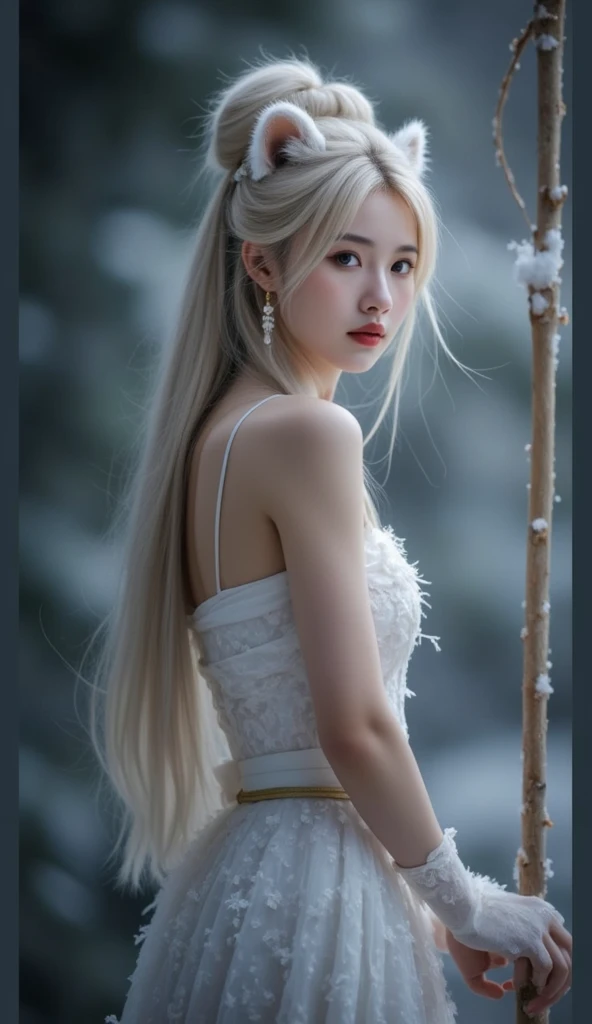 ((top quality、8k、Masterpiece:1.3))、Extremely delicate and beautiful girl,full-body shot,huge breasts,bigger breasts,amazing breast size,G cup。Wear big earrings,Very white skin,moist red lips,Waist is very thin,Thighs are very thin,big butt,Reveal a little,fair and smooth skin,Smooth and fair skin,flawless skin,Fair and shiny skin,cold white skin,The camera focuses on the chest,Bright light,White tube top dress,bare shoulders,white hair,hair is white,heavy snow,snow mountain,sunset