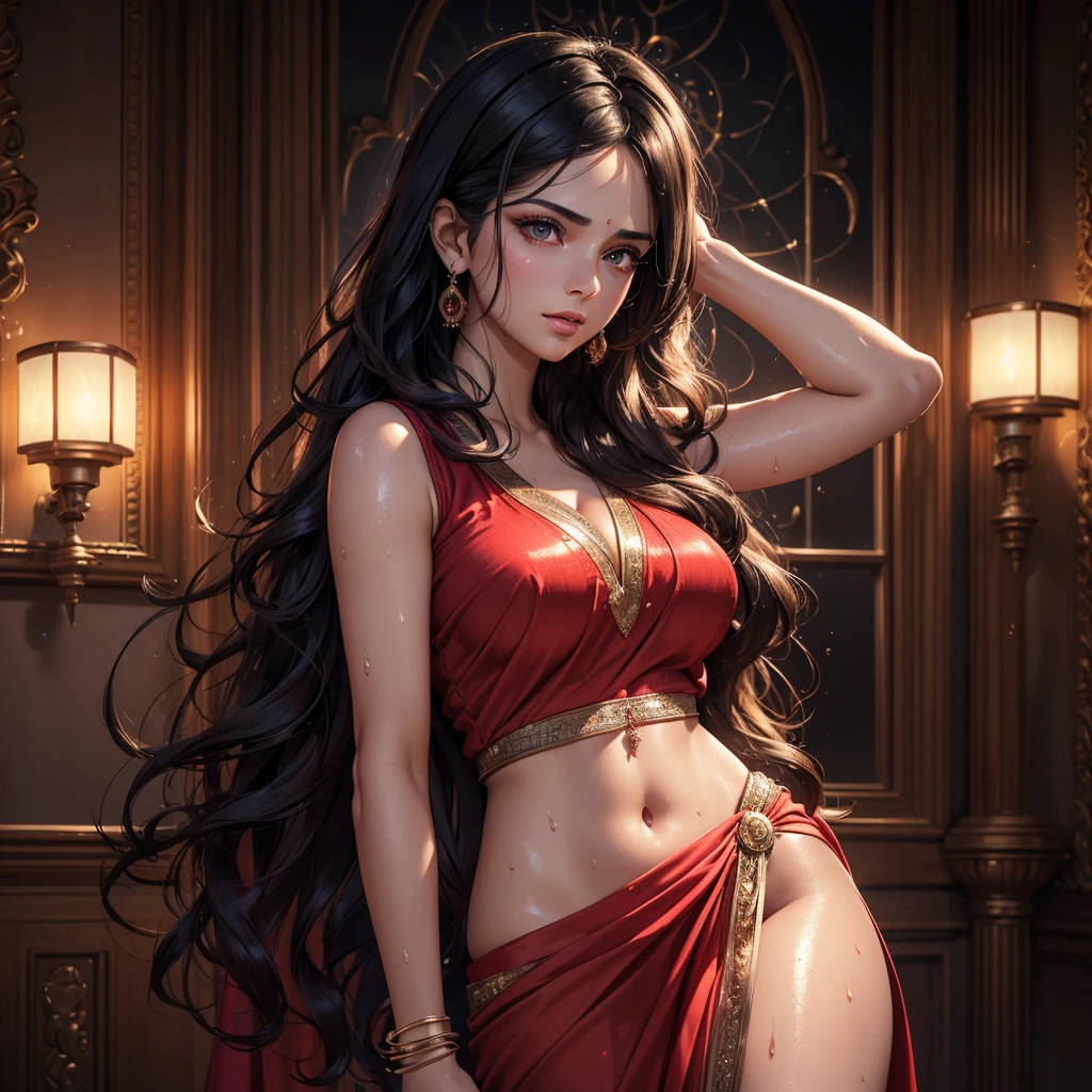 Hot woman, long hair, dressed in Indian clothes,sexy, inside the room, brown hair, brown eyes