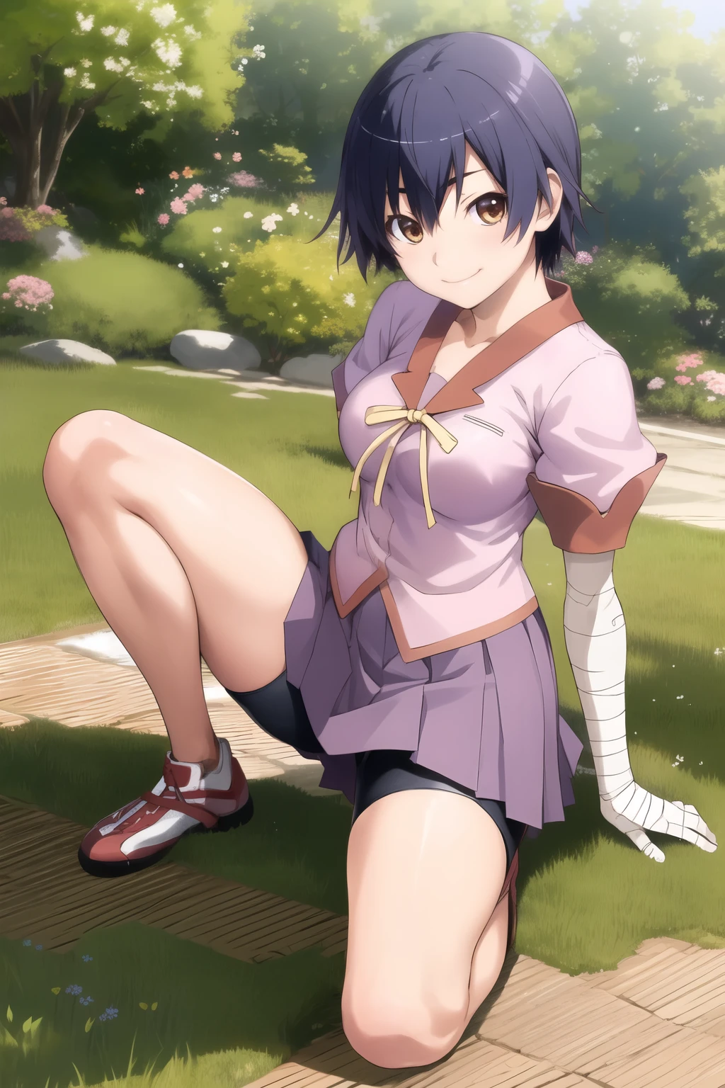 hidden hair, Alone, viewers,
bandage, bike shorts, Naoetsu High School Uniform, pink shirt, pleated skirt
, smile, short hair, medium breasts, brown eyes,
smile, squatting, spread legs, from below:1.3), cowboy shooting,
garden, tree々,