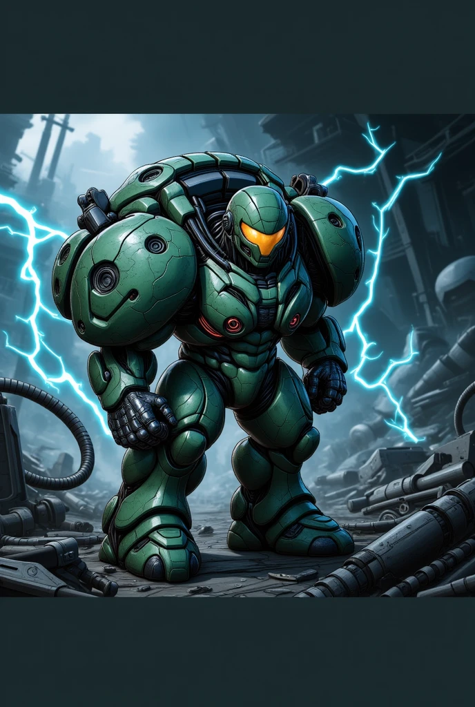 Make a fusión of the suits of Samus from Metroid and the suit of deku vigilant from my hero academia, the suit is black green color edgy with red and blue electricity floating around it very corpulent and big arms , one mid arm with a canon coveringg his hand and half of the arm and the other arm with a full arm completely grey with a giant metal claw