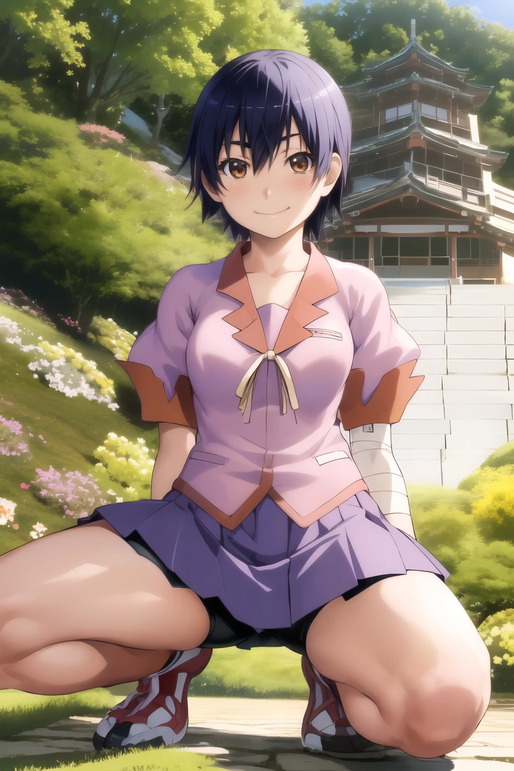 hidden hair, Alone, viewers,
bandage, bike shorts, Naoetsu High School Uniform, pink shirt, pleated skirt
, smile, short hair, medium breasts, brown eyes,
smile, squatting, spread legs, (from below:1.3), cowboy shooting,
garden, tree々,