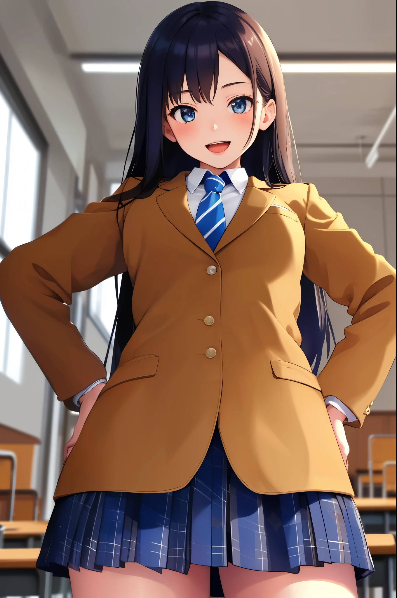 masterpiece, best quality, absurdres, perfect anatomy, 1girl, solo, high school student ,long hair, school uniform, camel blazer,buttoned blazer, blue striped tie, blue checkered plaid skirt,thigh, standing,hands on hips ,classroom , open mouth,from below, glossy lips cowboy shot ,smile