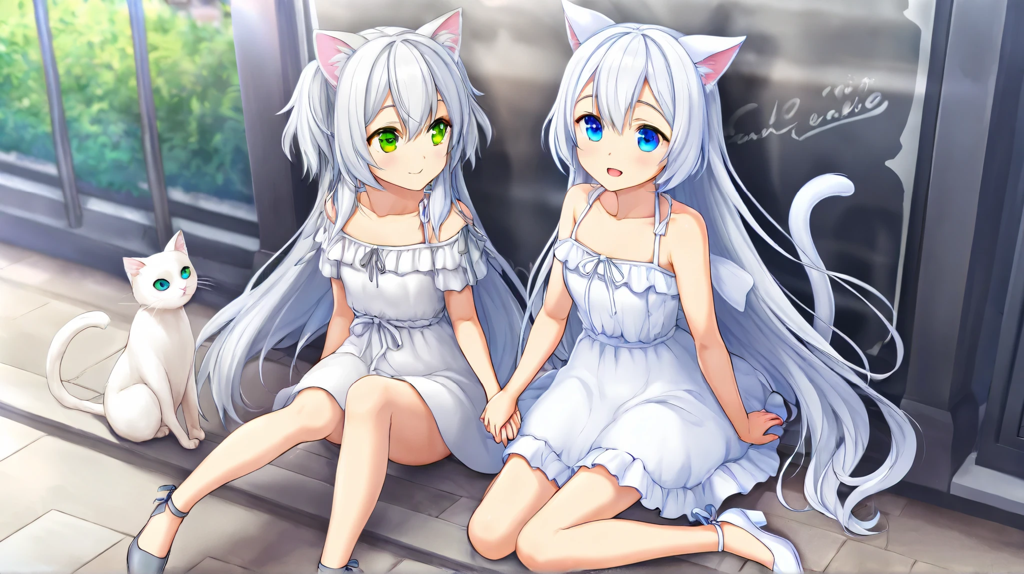 A ager (white hair with white cat ears, blue eyes, white dress and white shoe ) called Marie and her little sister (dark gray hair with white cat ears, green eyes, white dress and dark gray shoe) Called Santinha on the sidewalk of the street together holding hands on a beautiful sunny day