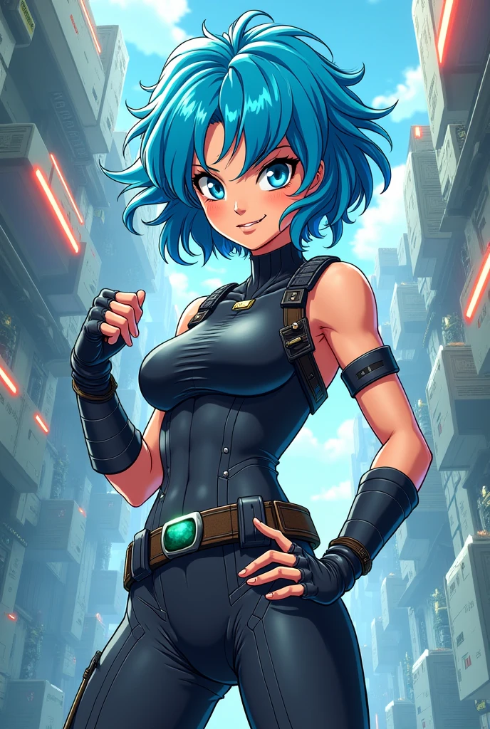 (best quality,4k,8k,highres,masterpiece:1.2),ultra-detailed,Ami Mizuno as a Mad Max survivor in the Westland,deserted post-apocalyptic world,dusty landscape,harsh sunlight,burning orange sky,gritty and distressed,ripped and tattered clothing,utility belt with survival tools,protective goggles covered with dust,Ami's bright blue hair flowing in the wind,determined and fierce expression,holding a modified high-tech weapon,scanning the horizon for danger,thick layers of dirt and grime on her face and hands,imposing scar across her cheek,distant ruins of a futuristic city in the background,Ami's transformation into a hardened warrior,blending her intelligence and strength,creating an iconic and empowering image,combining anime style with the gritty aesthetics of Mad Max. full body