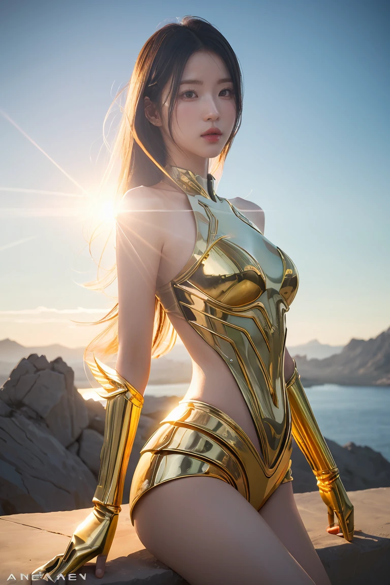 Best quality, delicate face, 38-year-old girl, busty body, armor made of metal, large bust, gold metal gauntlet, gold metal briefs, gold metal boots, seaside, standing, beach, huge UFO floating in the air, cyberpunk, sci-fi --auto --s2