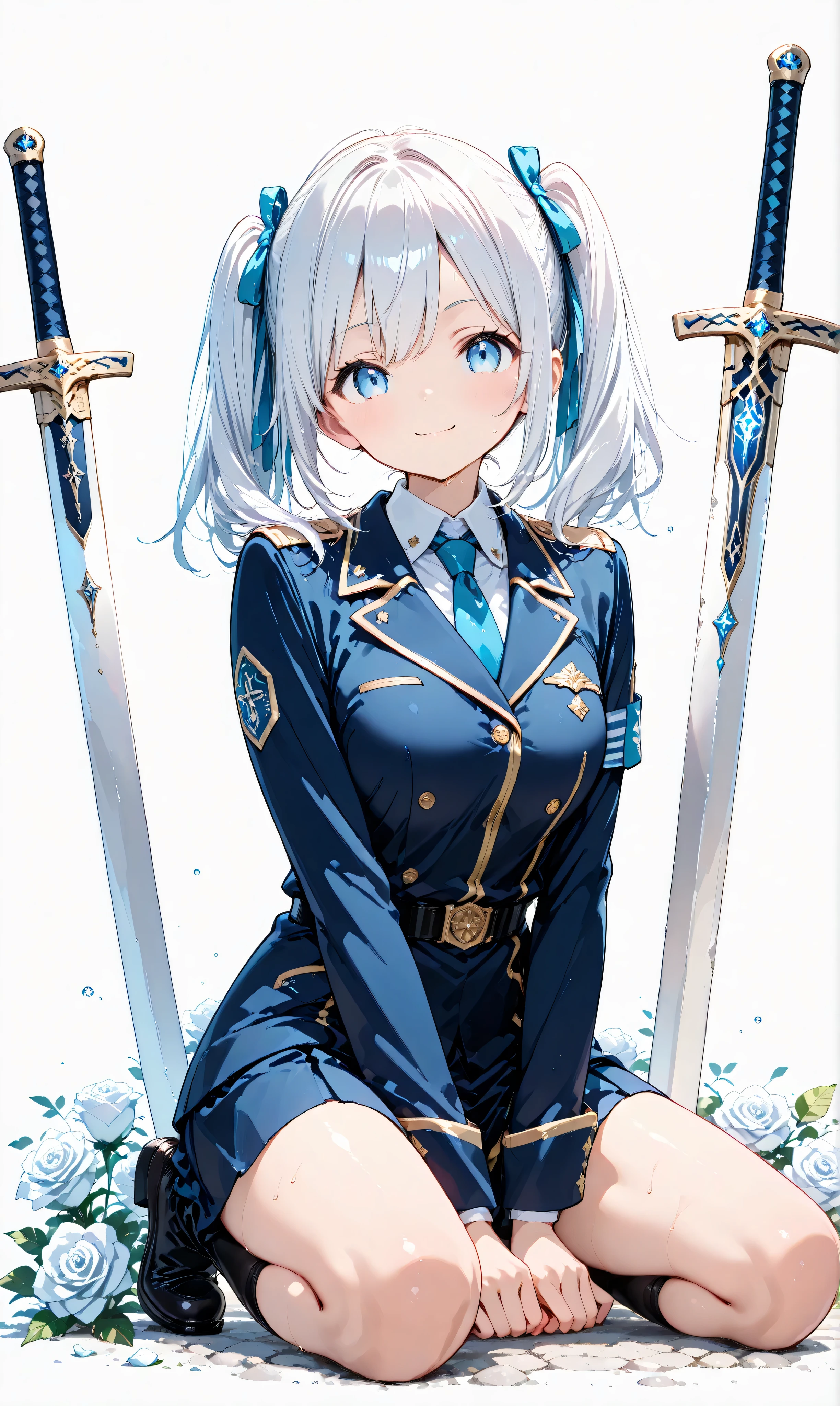 (watercolor:0.4)、( pastel :0.6)、 1 girl who died 、The long jet black twin tails、tie a faint white highlight with a ribbon、A knight in a white rose military uniform、blue eyes。An expression where you can sit on the ground and place a sword on the side、trying to stand up with a small smile。Scattered white roses and the battlefield is illuminated by the sunrise、make you feel hope and a new beginning。A simple white background that highlights the character。