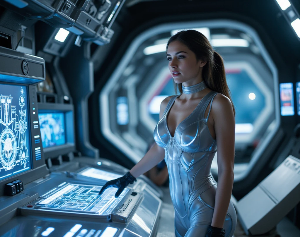 masterpiece, expressive eyes, kristen stewart and alicia silverstone as one person, teenage girl, topless, ultra detailed face, star trek uniform, dynamic pose, on futuristic, space ship, control room, full body, friendly
