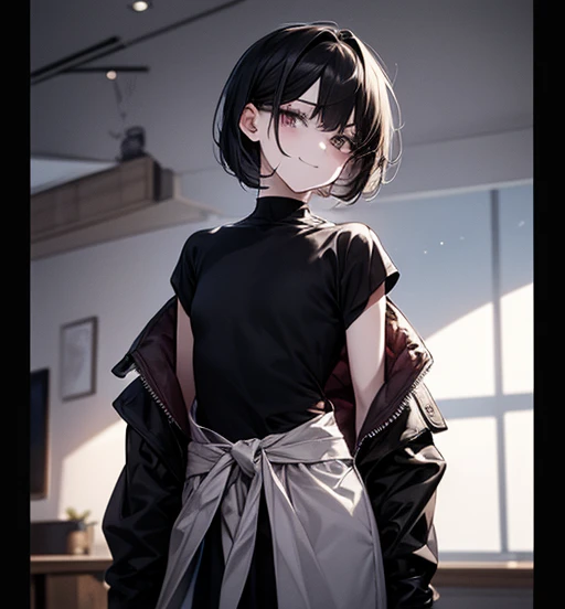 Anime, anime girl, hot anime girl, single girl, one girl, black dress, black outfit, black eyes, black hairs, black hair color, short hair, cold expression, cheeky, sexy pose, sexy, position, illustration, masterpiece, detailed image, big bust, big bust, perfect illustration, blank background, gray blank background, looking at the viewer