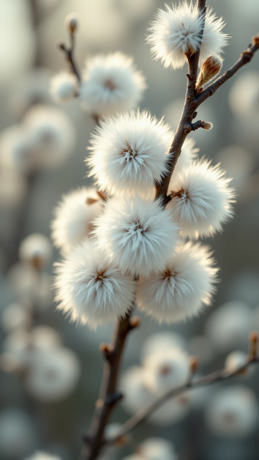 ultra-detailed, high-resolution, hyperrealistic, intricate details, cinematic lighting, professional photography, 4K render, soft shadows, depth of field, ultra-sharp focus, realistic textures, natural lighting, film grain, photorealistic reflections, vivid colors, ambient occlusion, surreal composition, minimalistic backdrop, fine art aesthetics, concept art, hyperreal fur texture, soft glows, extreme close-up shot, shallow depth of field, soft bokeh, dreamlike atmosphere, spring fluffy furry white lumps on a willow branch, tiny round fluffy buds resembling small white foxes, a close-up shot of a willow branch with fluffy buds.