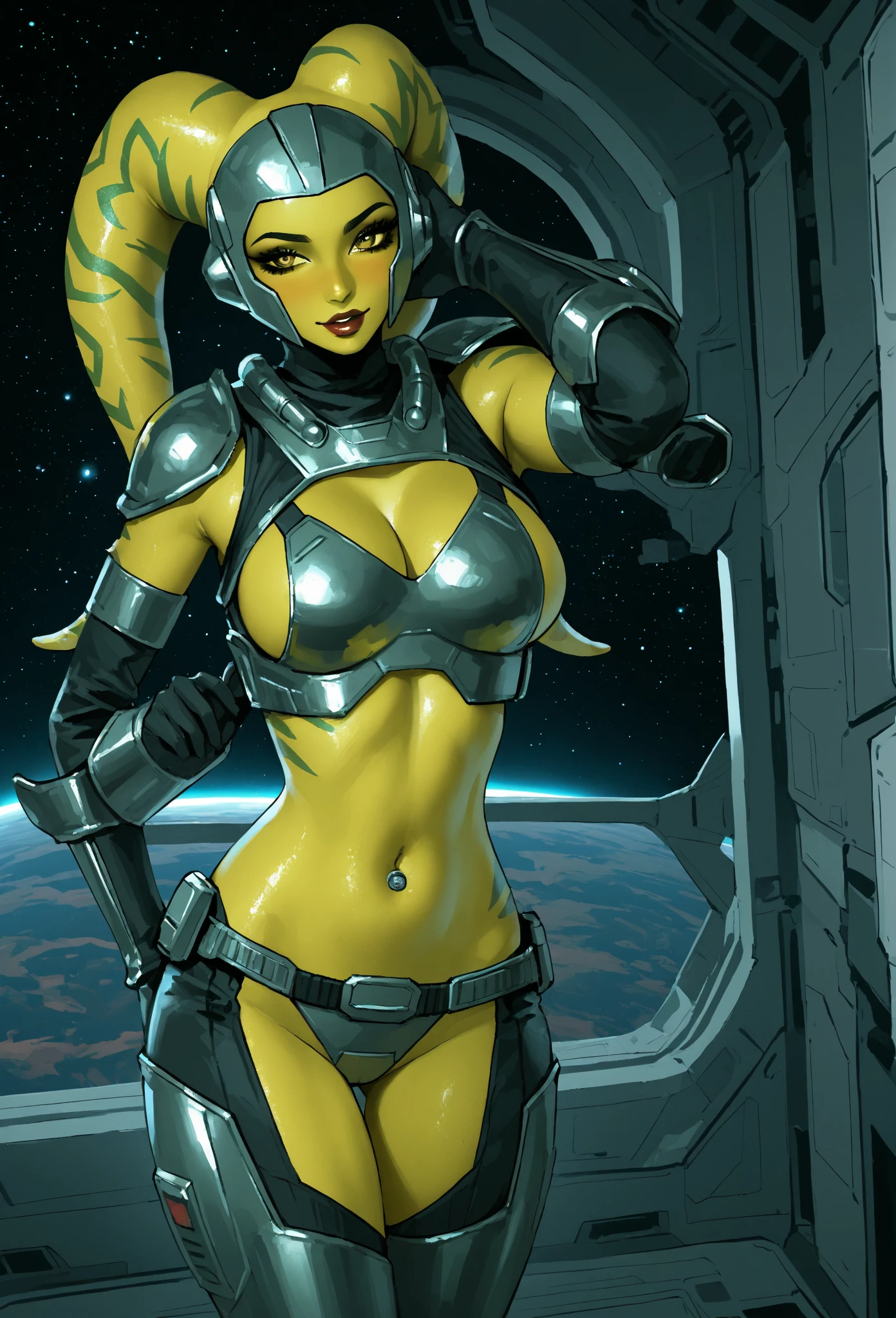 Sexy big tits Twi'lek, lithe body, massive tits, gigantic boobs, busty, thin, athletic, ((red skin), twi'lek), evil space knight, space ninja, (wearing (((modest))) loose black tunic, cowl, cloak, gloves, leggings, straps, buckles, corset, long skirts, long sleeves, fantasy, ((armor))), ((busty), slender body, thin, slim sexy body, slim waist, ((huge breasts))), Imperial starship, Star Wars,