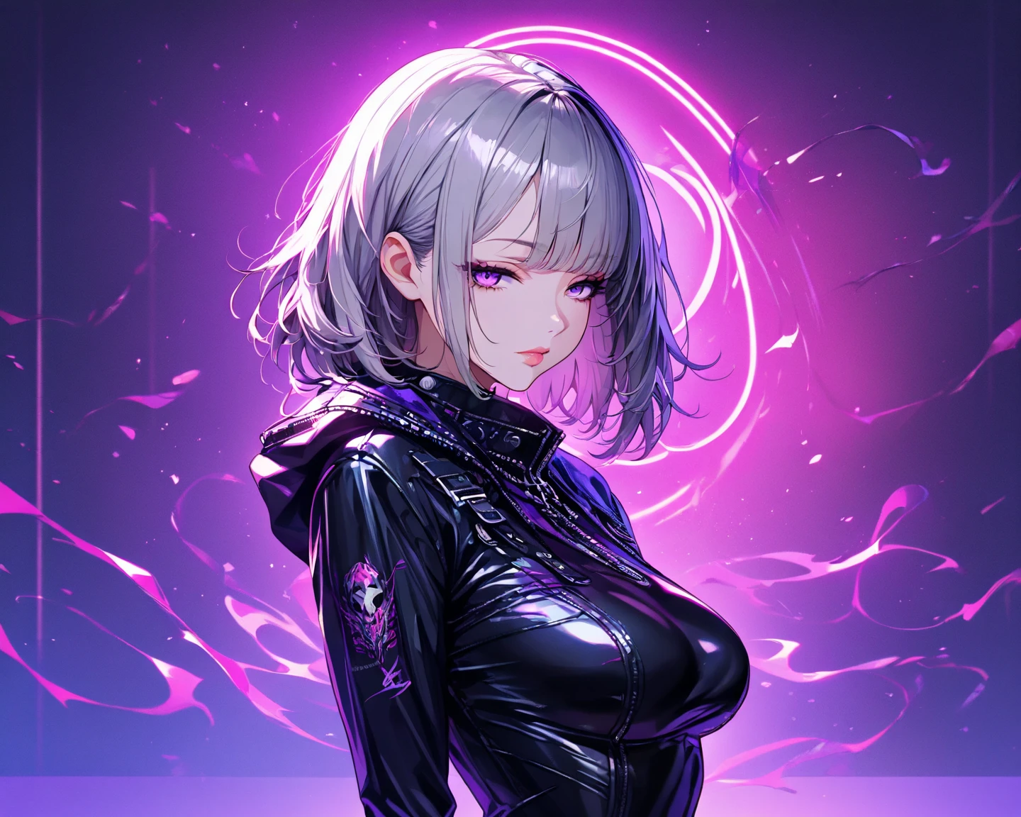 anime dark, Adult woman with short white hair wearing a biker clothing, purple eyes and a black patch over the left eye, With big breasts