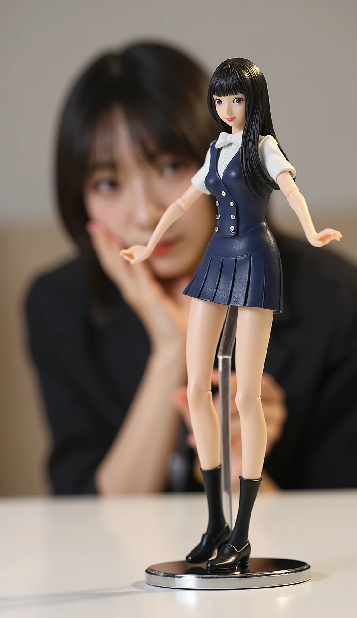 A high resolution photograph of a Japanese female PVC figure product viewed from the front.
The 3D figure sits astride a central thin transparent plastic pole that stands on a reflective chrome-plated platform, supporting the figure.
The amazing quality, extreme details, intricate details, sharp focus, rich contrast and realistic use of professional lighting techniques make this photograph a masterpiece.
A high resolution photograph of a Japanese female PVC figure product viewed from the front.
The 3D figure sits astride a central thin transparent plastic pole that stands on a reflective chrome-plated platform, supporting the figure.
The PVC figure is dressed in an office lady uniform, complete with a navy blue vest, white collared shirt, bow tie, navy blue pleated miniskirt, black knee socks, zettai ryouiki, and pumps.
The PVC figure is a full body figure, tall with a small head, small face, small chest and a thin, slim and slender body. The PVC figure's hairstyle is straight long black hair with bangs.
The PVC figure comes with open arms, outstretched arms, raised hands, spread fingers and palms facing up.
It's detailed depiction of face, eyes, hands and fingers.
The woman as the PVC figure model is gazing at the PVC figure on a table.
The amazing quality, extreme details, intricate details, sharp focus, rich contrast and realistic use of professional lighting techniques make this photograph a masterpiece. ,