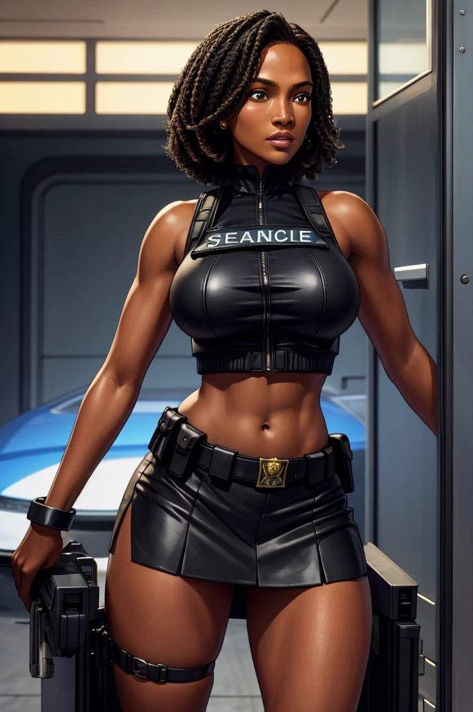 8k, ARTISTIC photography, best quality, masterpiece: 1.2), RAW photo, a (potrait:1.2) of a woman , Cyberpunk Character, wearing Law Enforcement Tactical Armor Vest (bullet proof vest) (((KENYA MOORE))) (highly detailed skin:1.2), 8k uhd, dslr, soft lighting, high quality, film grain, Fujifilm XT3, staring at the camera in front, purple, bob cut ((dynamic pose))) over-detailed face, ebony body, voluptuous body, Huge soft breasts and beautiful abs , 8k uhd, SLR camera, soft lighting, high quality, film grain, Arri Alexa mini , Cinematic lighting, octane render, cinematic lighting, complex, 8k resolution concept art portrait, edgerunner, blade runner, Cyberpunk 2077, hyperrealistic, photo awesome, realistic, (((pure 8K))), (((perfect anatomy))), extremely high-quality graphics, Riddley Scott, Blade Runner, Denis Villeneuve, (((cinematic lighting))), ((clear details)), complex, highly detailed background, posing on aircraft carrier, midday sunlight.