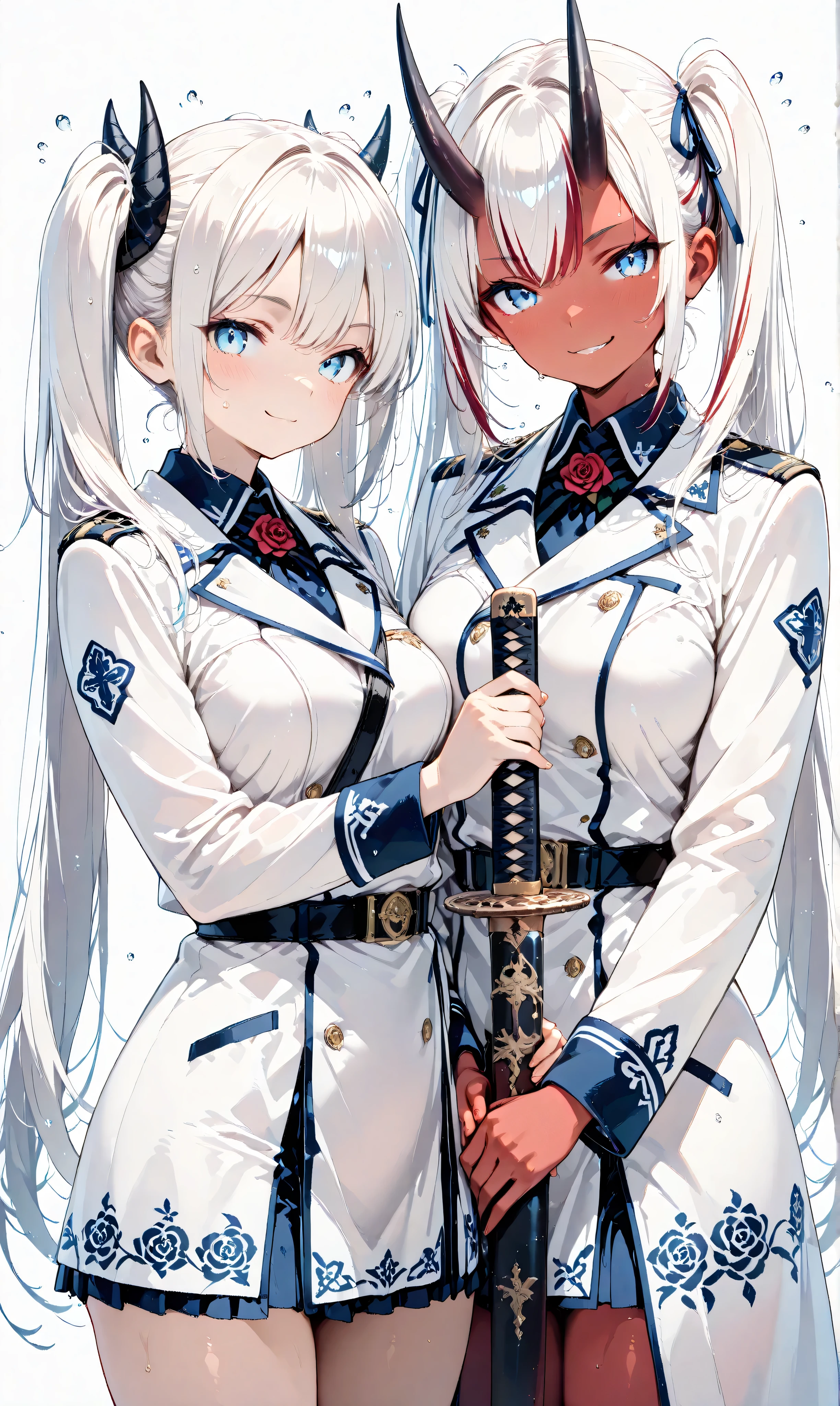masterpiece, best quality, very aesthetic, engraved, (Watercolor: 0.4), (Pastel: 0.6), two separate girls taking shelter under eaves as raindrops fall, left side: short stature human, jet black long twin tails with faint white highlights tied with a ribbon, knight in a white rose military uniform, blue eyes, holding an engraved katana with both hands, gentle smile, right side: tall stature Aka-Oni, red skin, smooth horns, black horns, jet black long twin tails with faint white highlights tied with a ribbon, knight in a red rose military uniform, blue eyes, holding an engraved katana with both hands, relaxed smirk, raindrops glistening, simple white background