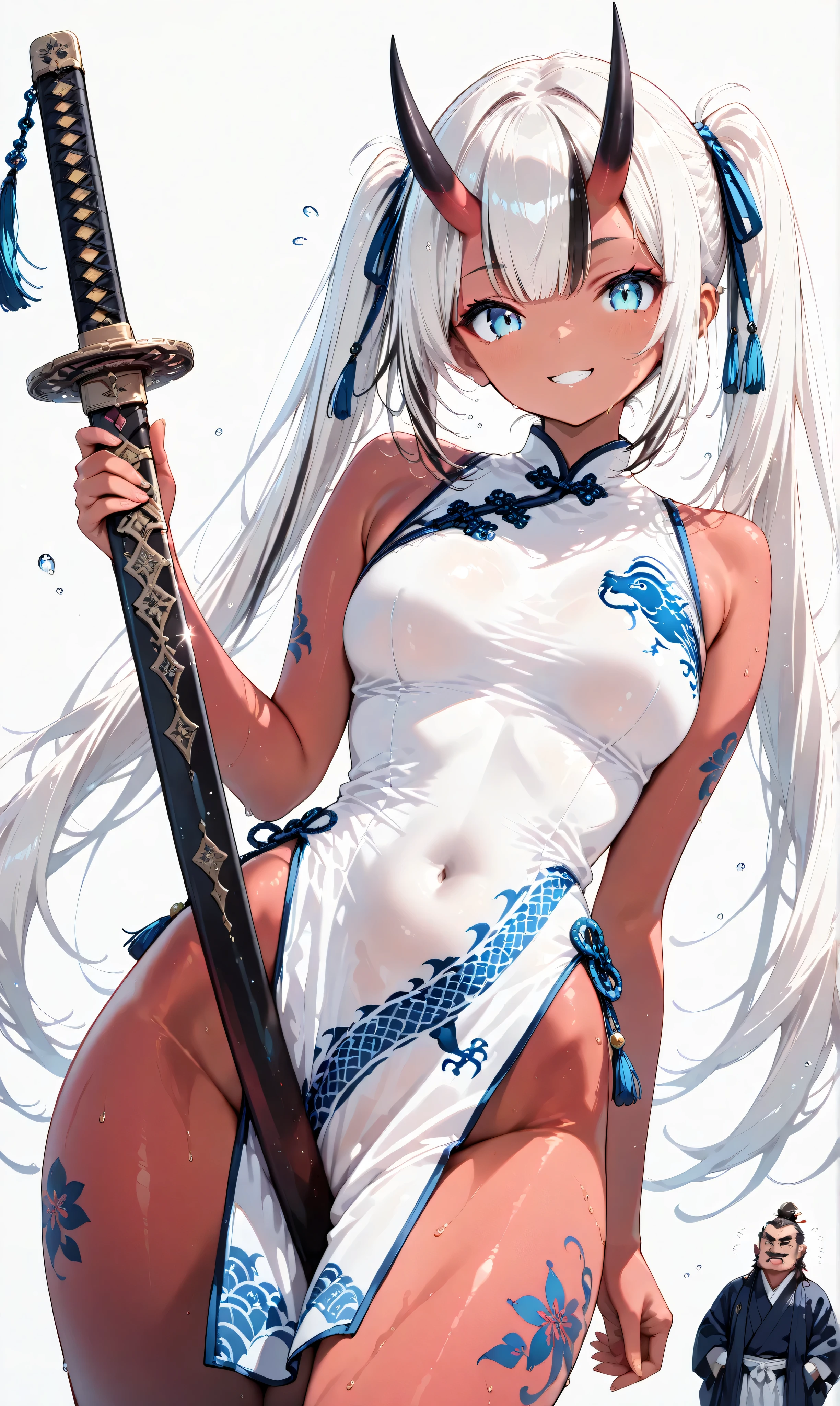 masterpiece, best quality, very aesthetic, engraved, (Watercolor: 0.4), (Pastel: 0.6), two separate girls huddling under eaves as raindrops fall, left side: short stature human, jet black long twin tails with faint white highlights tied with a ribbon, in a revealing china dress with no panties, blue eyes open with a happy smile, holding an engraved katana with both hands, right side: tall stature Aka-Oni, red skin, smooth horns, black horns, jet black long twin tails with faint white highlights tied with a ribbon, in a revealing china dress with no panties, blue eyes open with a happy smile, holding an engraved katana with both hands, raindrops clinging to exposed skin, simple white background,((1girl, showing hips, curvy, angle)),