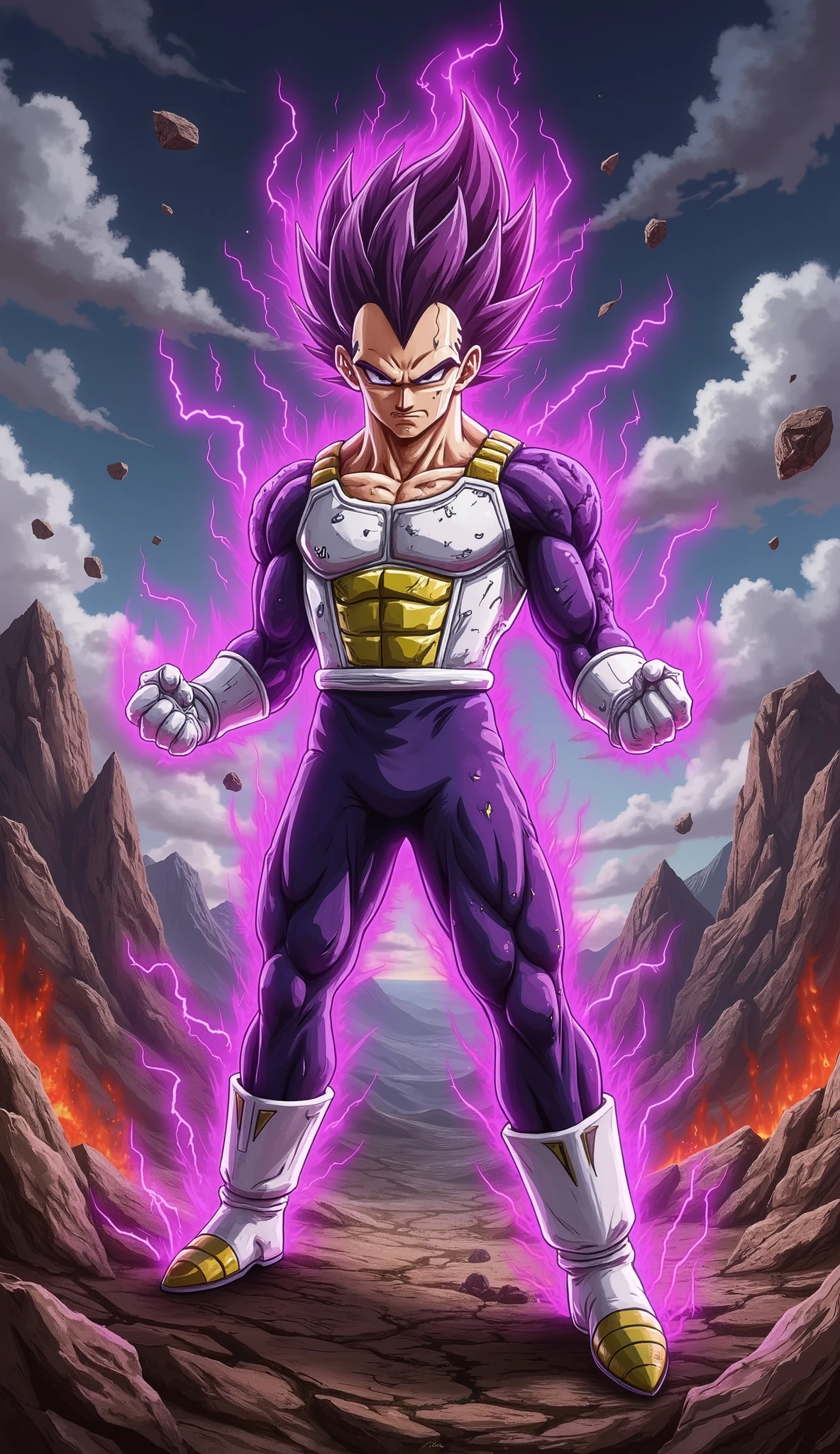"Majin Vegeta chibi stands in a powerful pose, firm broad legs, a clenched fist clenched so hard that the skewed white knuckles, the other slightly raised with purple black lightning bolts looming around. His face shows absolute violence—sharp eyes that glow brightly with unbridled rage, strong raised eyebrows, and proud cheeky smile mixed with contempt. The 'M' symbol on the forehead stands out, radiated Babidi's evil gas. muscle roll, his chest bulges as the energy explodes around, reflected above tattered Saiyan armor and dark purple tights full of tears, revealing solid body part. Deep purple hair rising high, emits black-purple lightning flashes continuously, waves of swirling energy roll around people. around, the ground shakes ferocious—rock by stone crumbling, hovered in the air because of his overwhelming power. The backdrop is a desolate battlefield, broken lava cliffs, the sky rolls with intense swirling black clouds, every flash of lightning across the night, illuminate Vegeta's face in a dramatic and intense Dragon Ball Z scene."