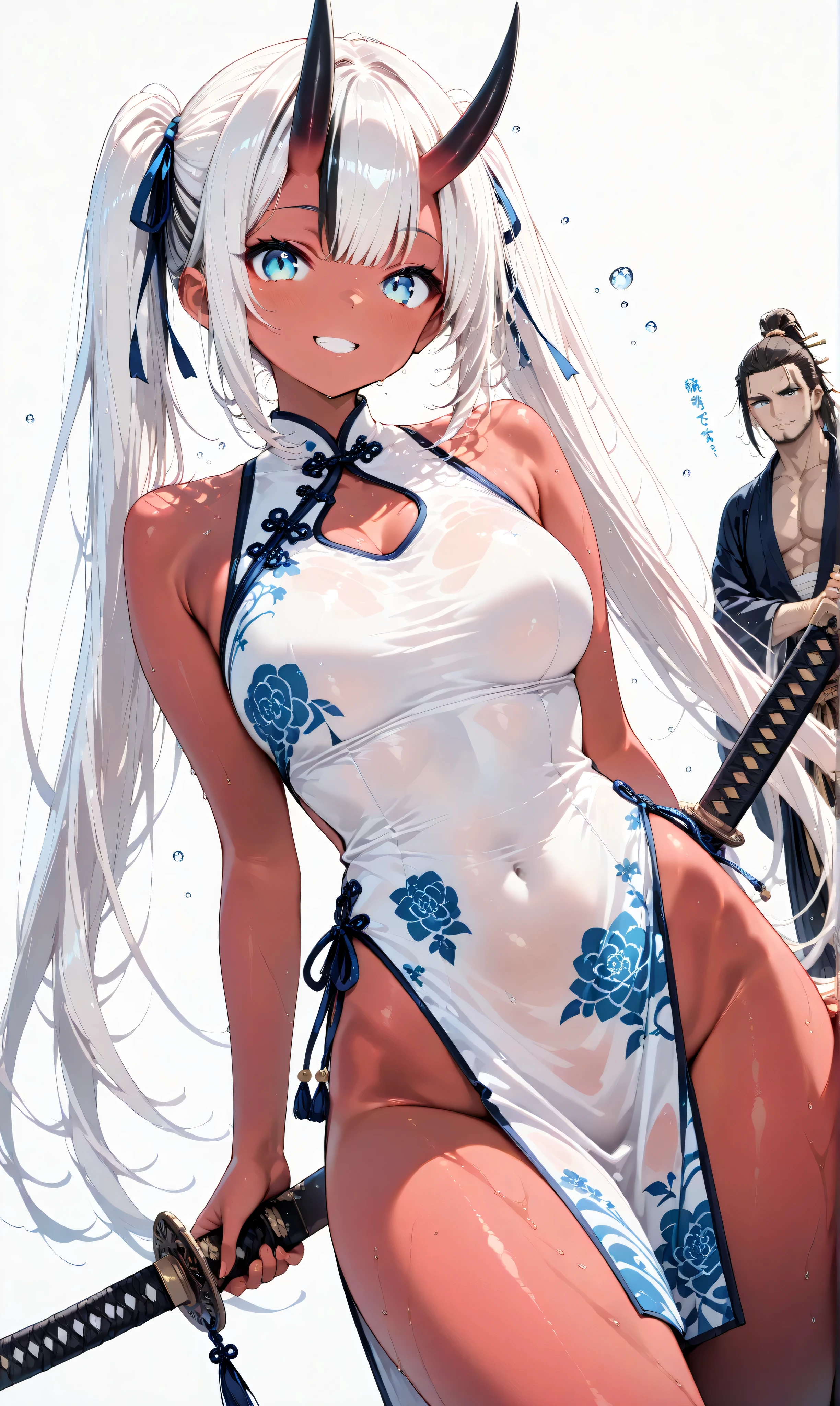 masterpiece, best quality, very aesthetic, engraved, (Watercolor: 0.4), (Pastel: 0.6), two separate girls huddling under eaves as raindrops fall, left side: short stature human, jet black long twin tails with faint white highlights tied with a ribbon, in a revealing china dress with no panties, blue eyes open with a happy smile, holding an engraved katana with both hands, right side: tall stature Aka-Oni, red skin, smooth horns, black horns, jet black long twin tails with faint white highlights tied with a ribbon, in a revealing china dress with no panties, blue eyes open with a happy smile, holding an engraved katana with both hands, raindrops clinging to exposed skin, simple white background,((1girl, showing hips, curvy, angle)),
