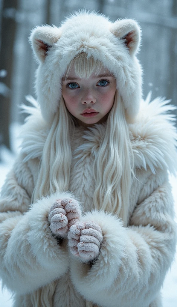 10 year old girl Russian child with long hair BLONDE, PORTRAIT, BLACK FUR COAT, ICE, ICE, LOTS OF ICE,