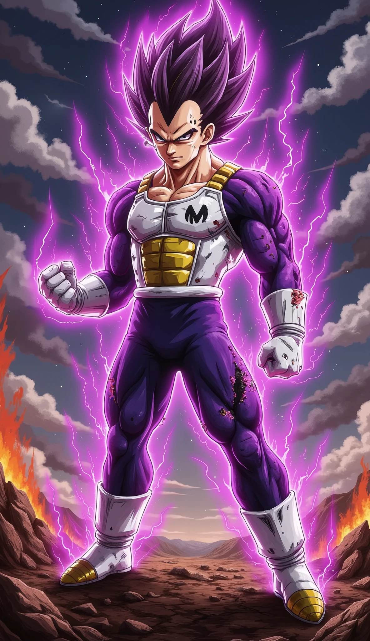 "Majin Vegeta chibi stands in a powerful pose, firm broad legs, a clenched fist clenched so hard that the skewed white knuckles, the other slightly raised with purple black lightning bolts looming around. His face shows absolute violence—sharp eyes that glow brightly with unbridled rage, strong raised eyebrows, and proud cheeky smile mixed with contempt. The 'M' symbol on the forehead stands out, radiated Babidi's evil gas. muscle roll, his chest bulges as the energy explodes around, reflected above tattered Saiyan armor and dark purple tights full of tears, revealing solid body part. Deep purple hair rising high, emits black-purple lightning flashes continuously, waves of swirling energy roll around people. around, the ground shakes ferocious—rock by stone crumbling, hovered in the air because of his overwhelming power. The backdrop is a desolate battlefield, broken lava cliffs, the sky rolls with intense swirling black clouds, every flash of lightning across the night, illuminate Vegeta's face in a dramatic and intense Dragon Ball Z scene."